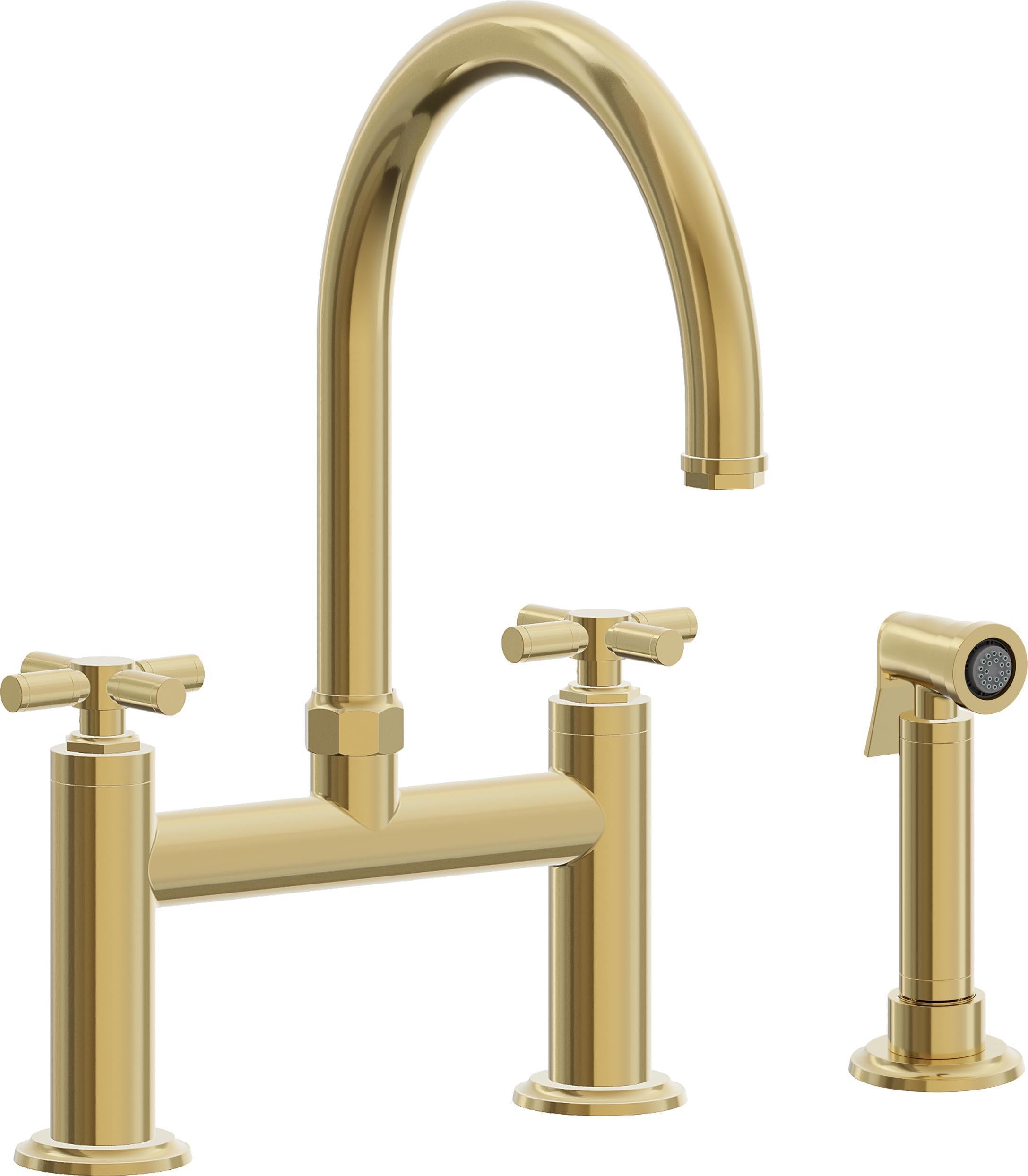 California Faucets Descanso Llave de Cocina Tipo Puente Industrial con Rociador Lateral - Pico en Arco - Oro Pulido de por Vida