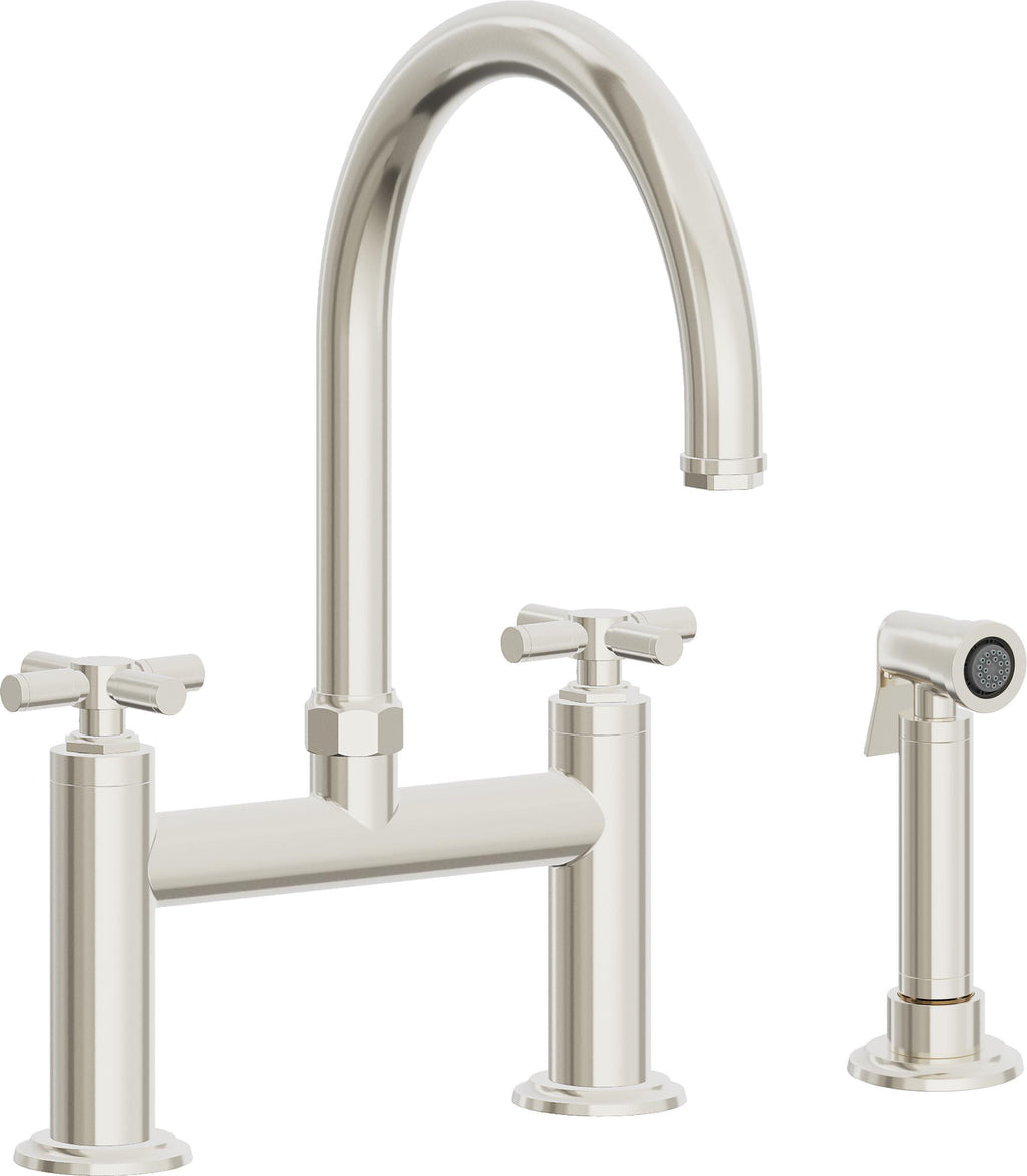 California Faucets Descanso Llave de Cocina Tipo Puente Industrial con Rociador Lateral - Pico en Arco - Níquel Pulido
