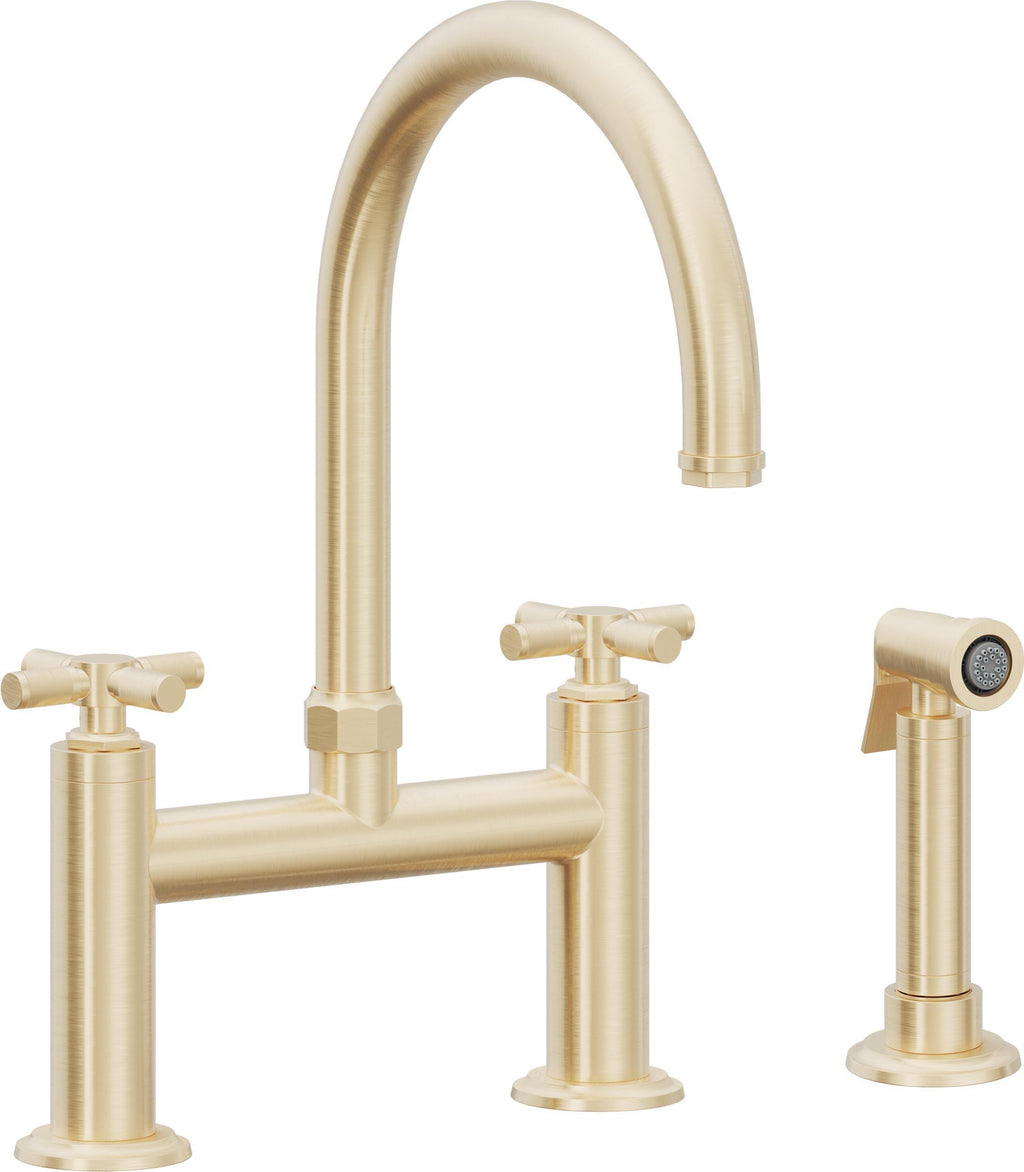 California Faucets Descanso Llave de Cocina Tipo Puente Industrial con Rociador Lateral - Pico en Arco - Latón Satinado