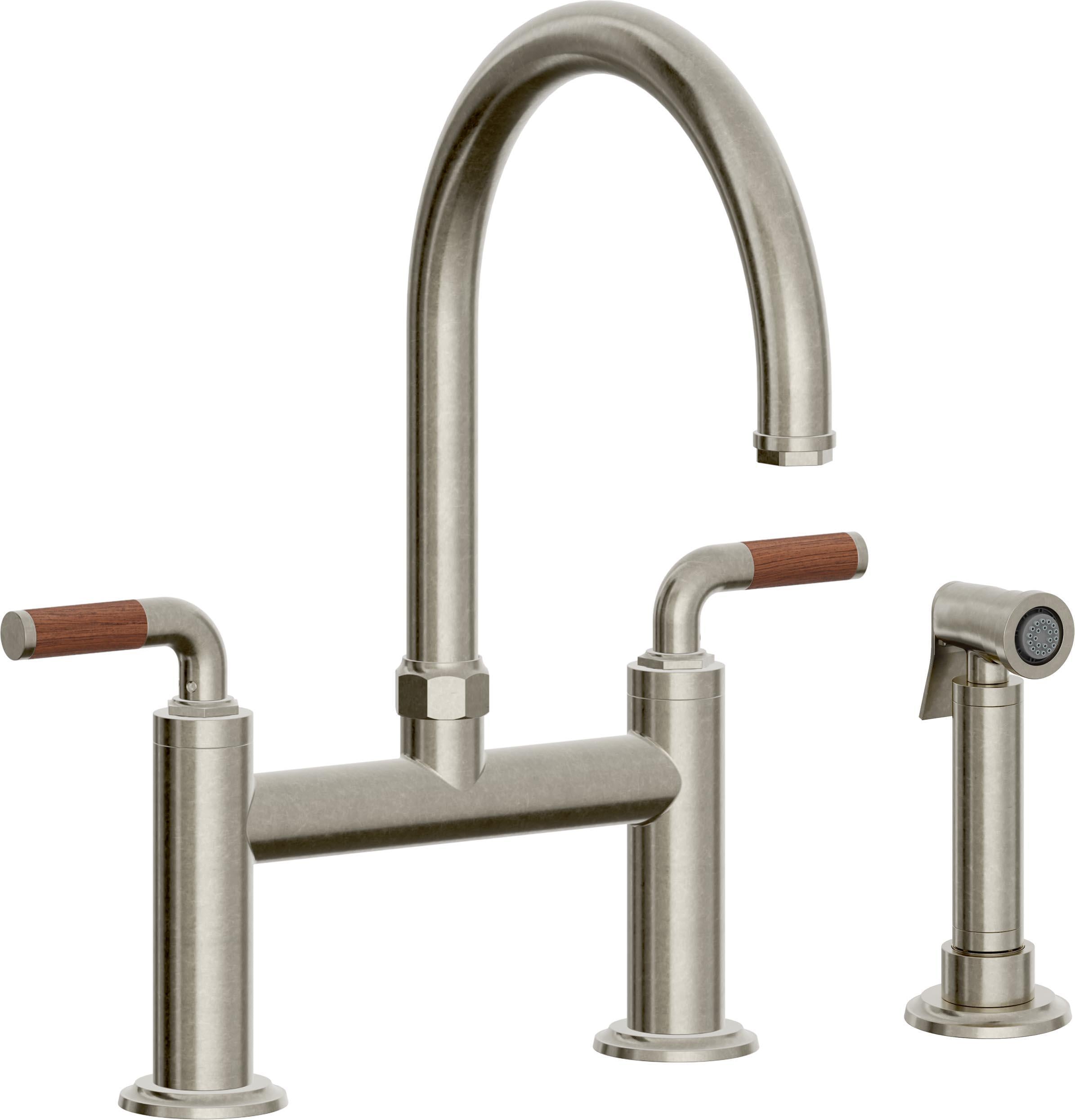 California Faucets Descanso Llave de Cocina Tipo Puente Industrial con Rociador Lateral - Pico en Arco - Níquel Bruñido
