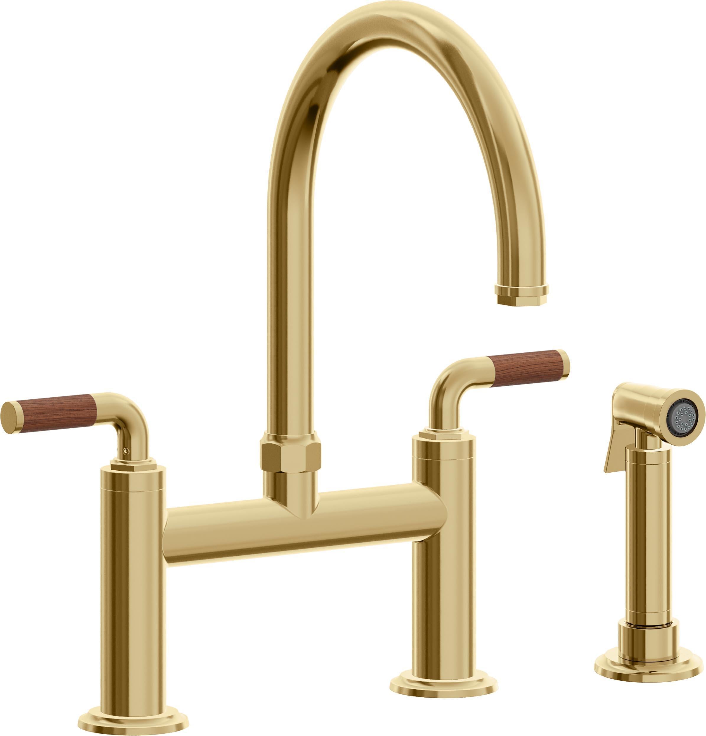 California Faucets Descanso Llave de Cocina Tipo Puente Industrial con Rociador Lateral - Pico en Arco - Oro Francés