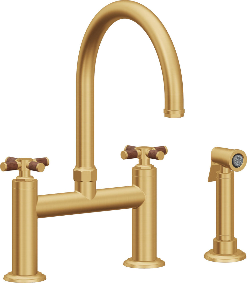 California Faucets Descanso Llave de Cocina Tipo Puente Industrial con Rociador Lateral - Pico en Arco - Oro Satinado de por Vida