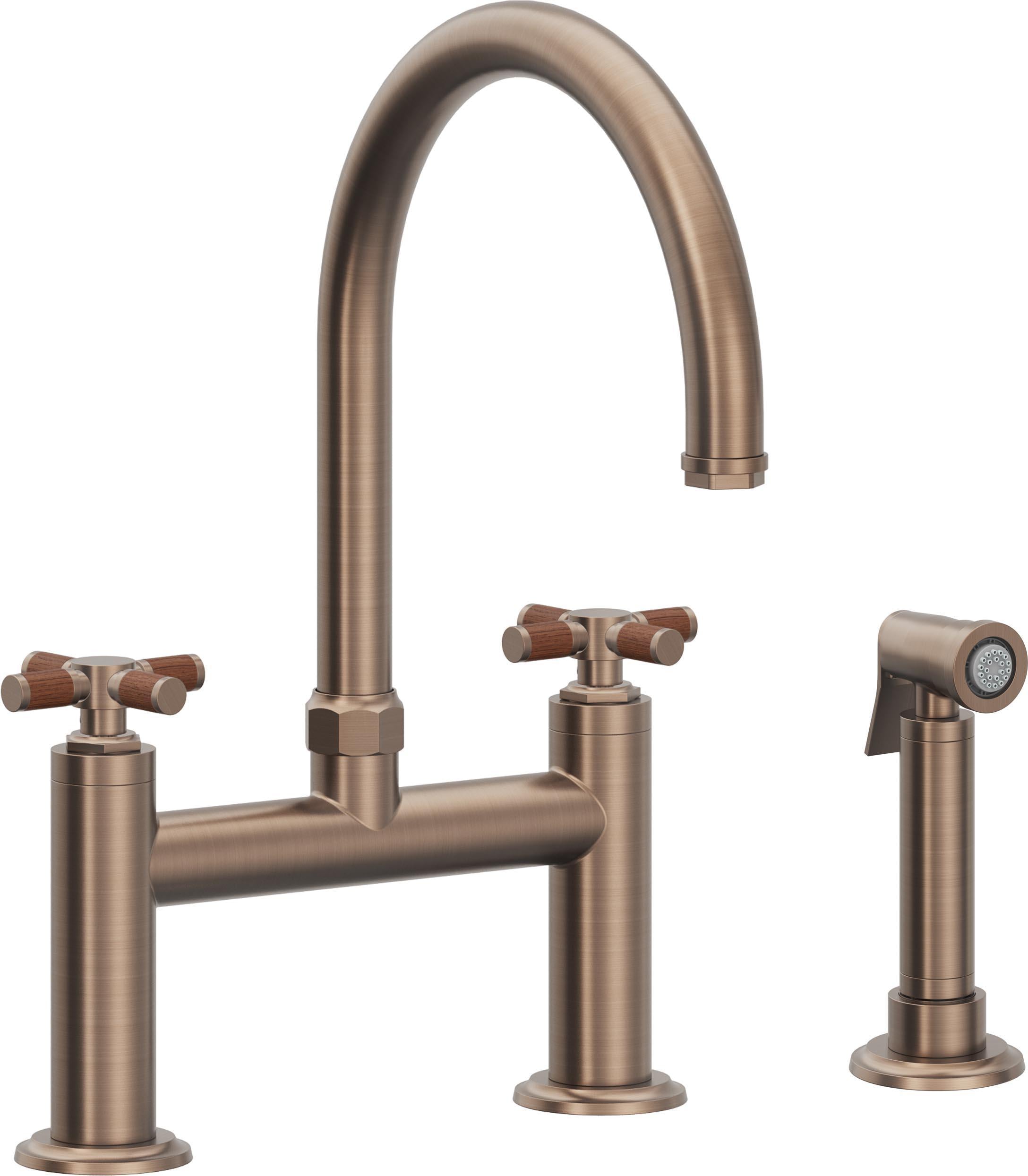 California Faucets Descanso Llave de Cocina Tipo Puente Industrial con Rociador Lateral - Pico en Arco - Bronce Satinado