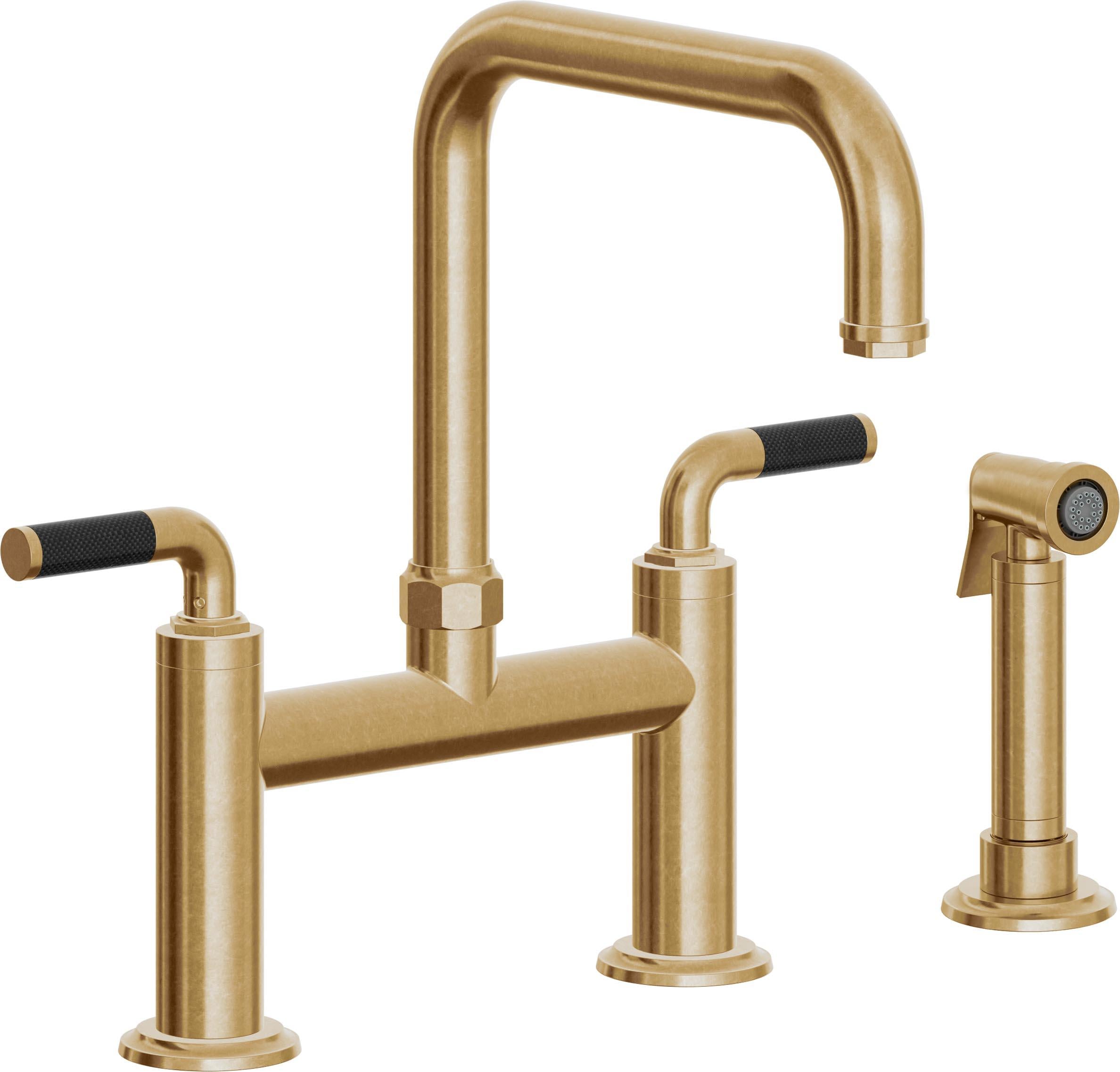 California Faucets Descanso Llave de Cocina Tipo Puente Industrial con Rociador Lateral - Pico Cuadrado - Latón Bruñido