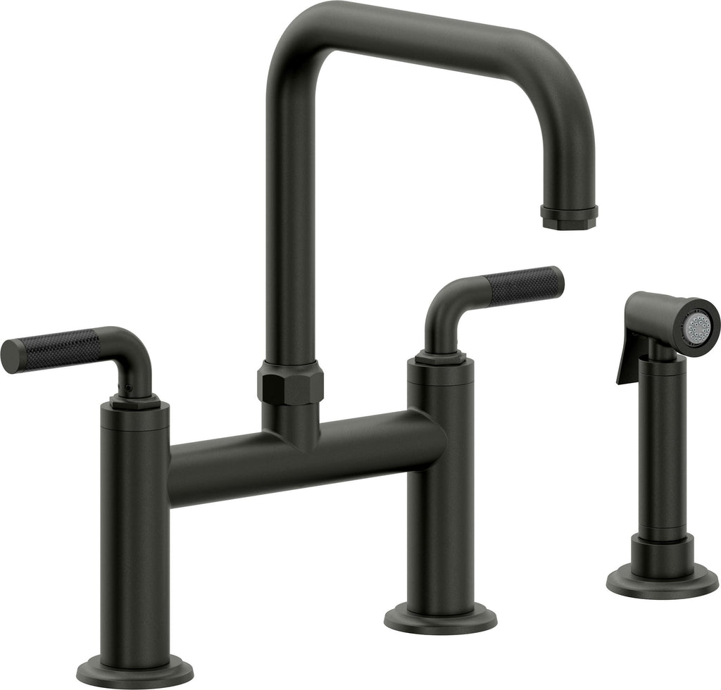 California Faucets Descanso Llave de Cocina Tipo Puente Industrial con Rociador Lateral - Pico Cuadrado - Bronce Bella Terra