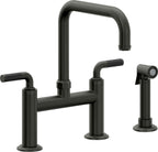 California Faucets Descanso Llave de Cocina Tipo Puente Industrial con Rociador Lateral - Pico Cuadrado - Bronce Bella Terra