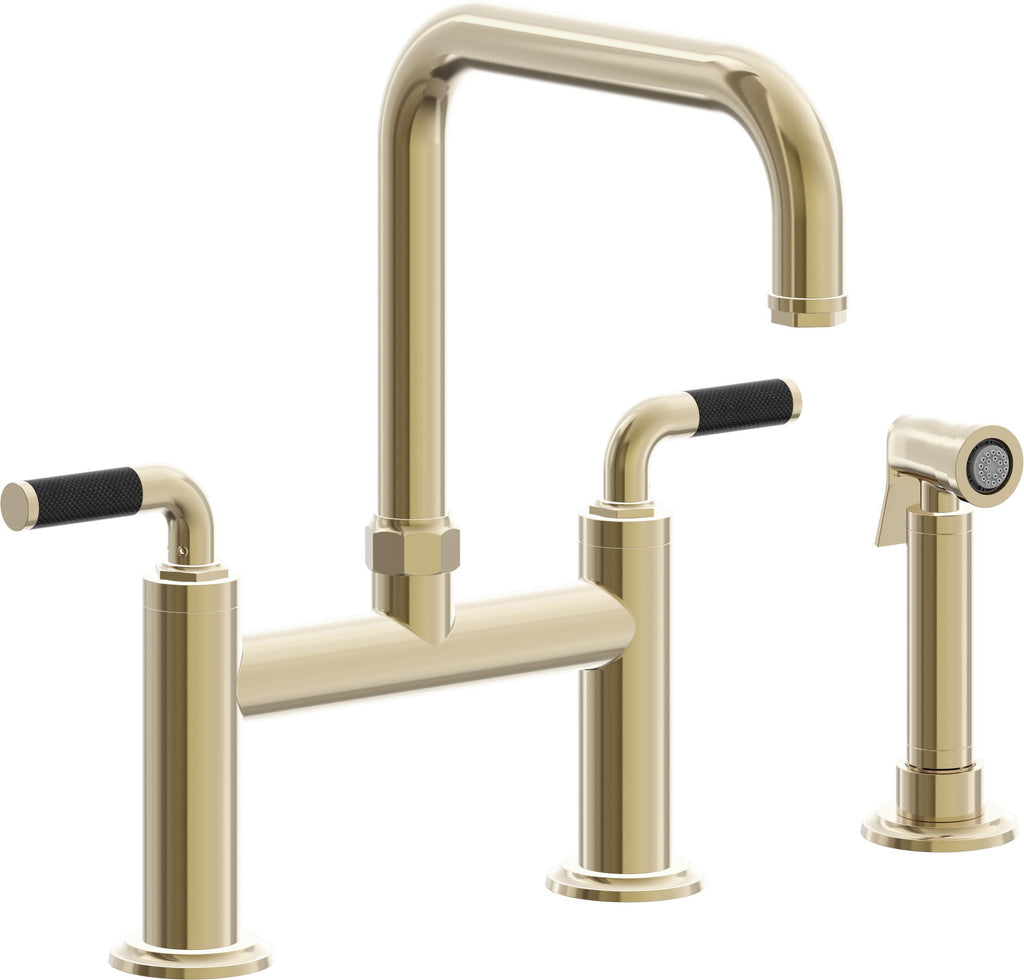 California Faucets Descanso Llave de Cocina Tipo Puente Industrial con Rociador Lateral - Pico Cuadrado - Latón Pulido