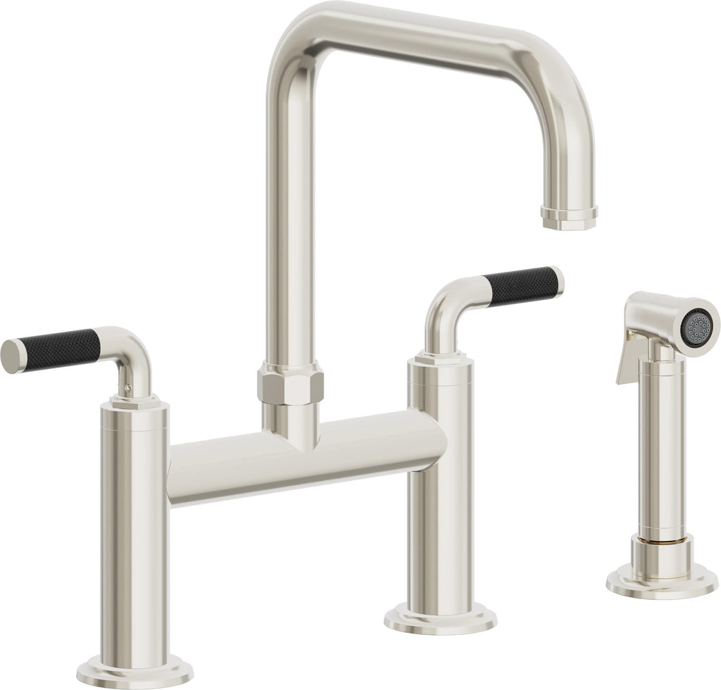 California Faucets Descanso Llave de Cocina Tipo Puente Industrial con Rociador Lateral - Pico Cuadrado - Níquel Pulido
