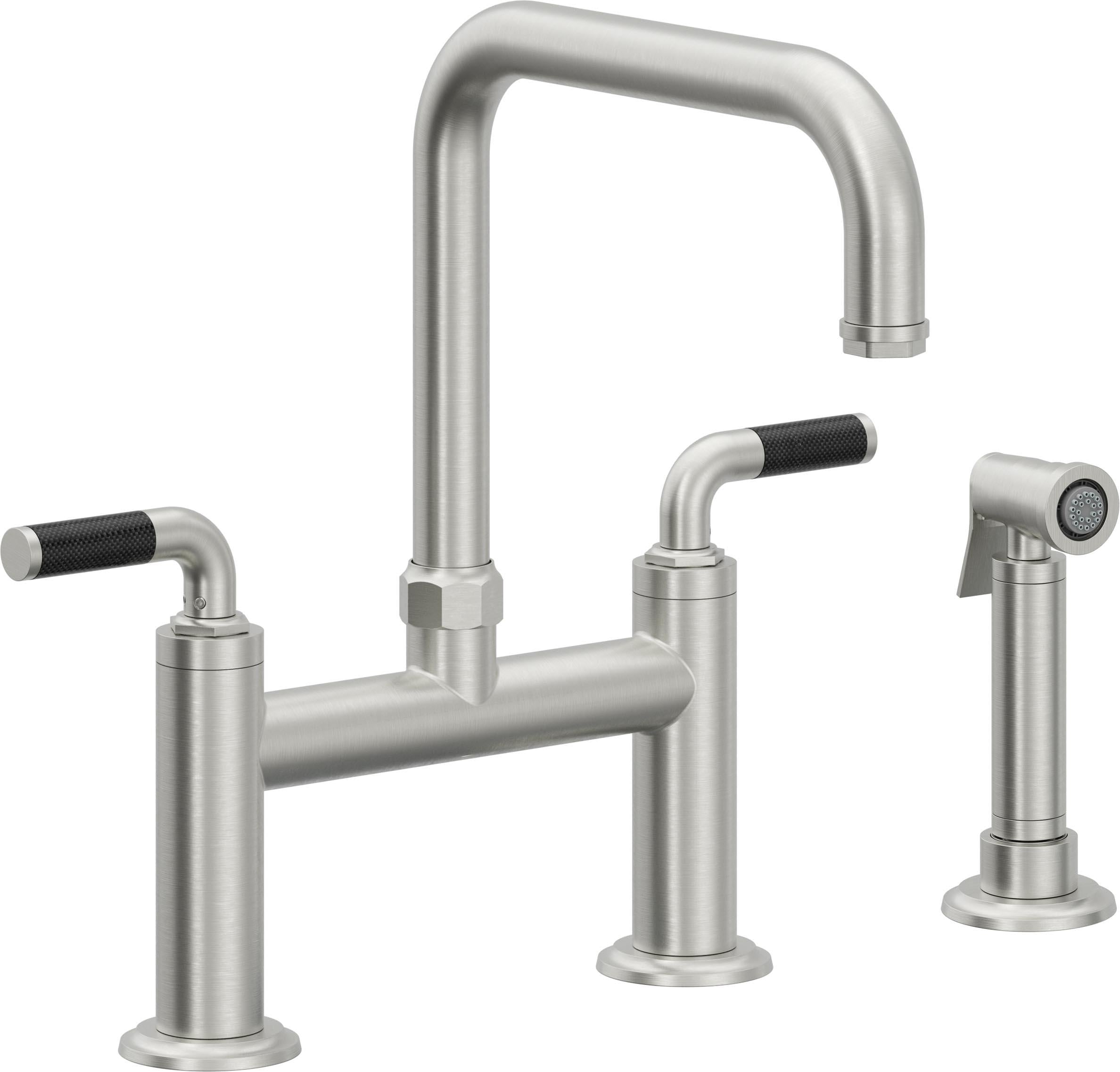 California Faucets Descanso Llave de Cocina Tipo Puente Industrial con Rociador Lateral - Pico Cuadrado - Cromo Satinado