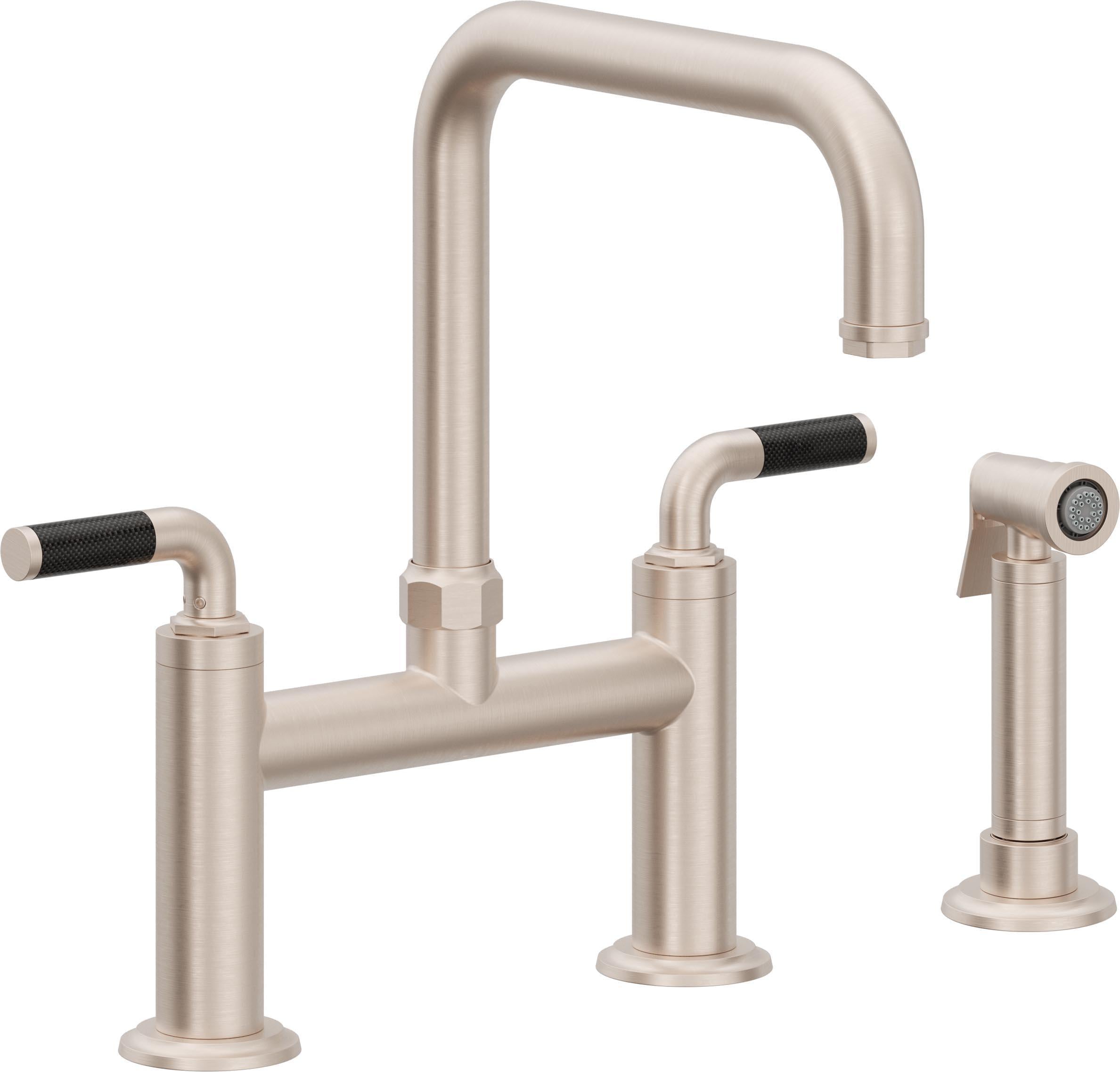 California Faucets Descanso Llave de Cocina Tipo Puente Industrial con Rociador Lateral - Pico Cuadrado - Níquel Satinado