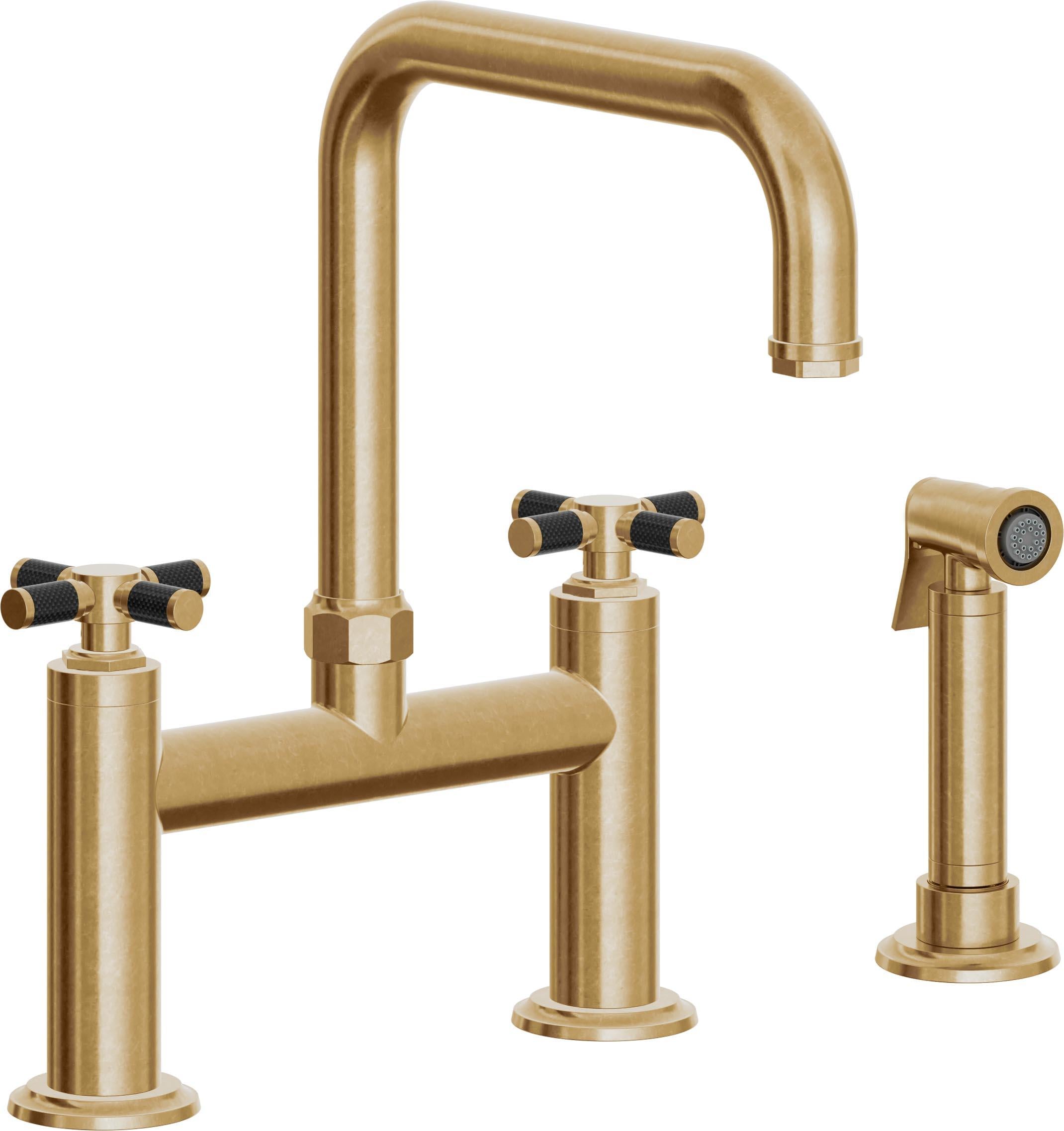 California Faucets Descanso Llave de Cocina Tipo Puente Industrial con Rociador Lateral - Pico Cuadrado - Latón Bruñido