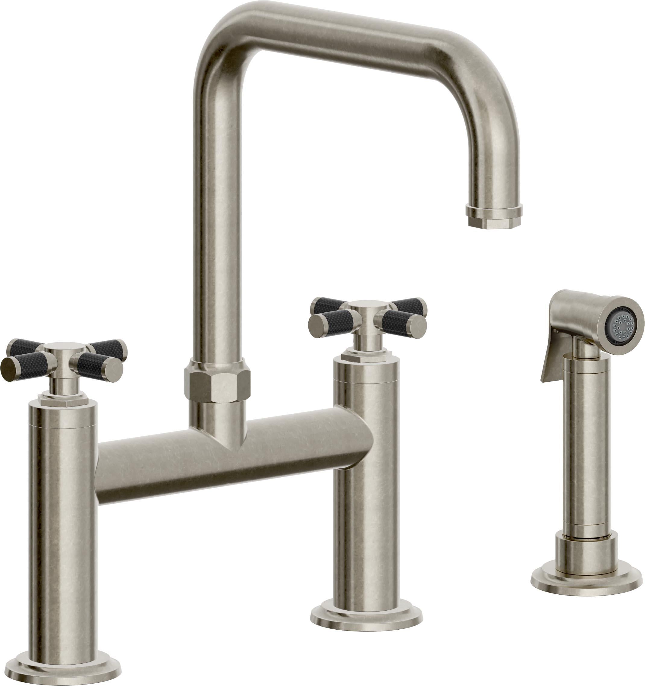 California Faucets Descanso Llave de Cocina Tipo Puente Industrial con Rociador Lateral - Pico Cuadrado - Níquel Bruñido