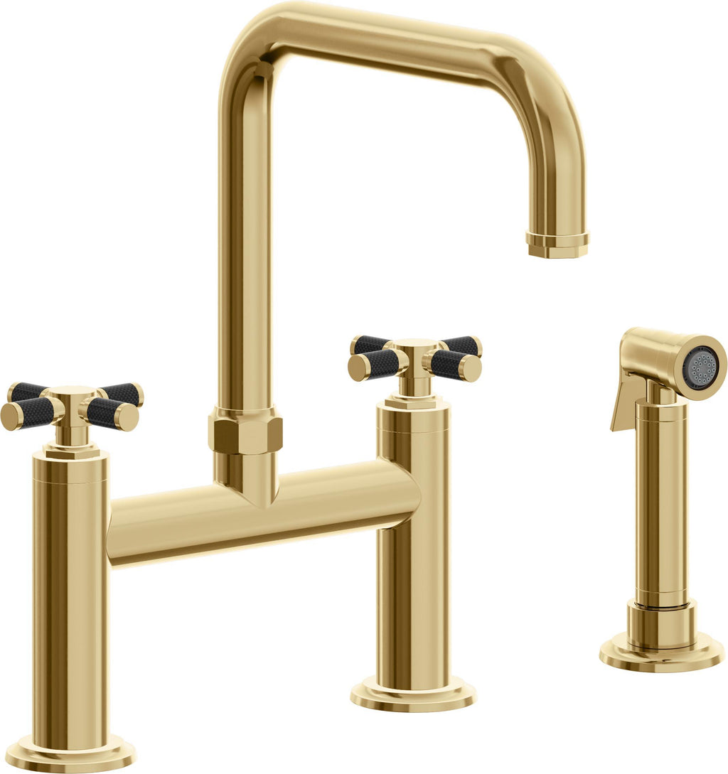 California Faucets Descanso Llave de Cocina Tipo Puente Industrial con Rociador Lateral - Pico Cuadrado - Oro Francés