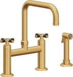 California Faucets Descanso Llave de Cocina Tipo Puente Industrial con Rociador Lateral - Pico Cuadrado - Oro Satinado de por Vida