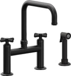 California Faucets Descanso Llave de Cocina Tipo Puente Industrial con Rociador Lateral - Pico Cuadrado - Negro Mate