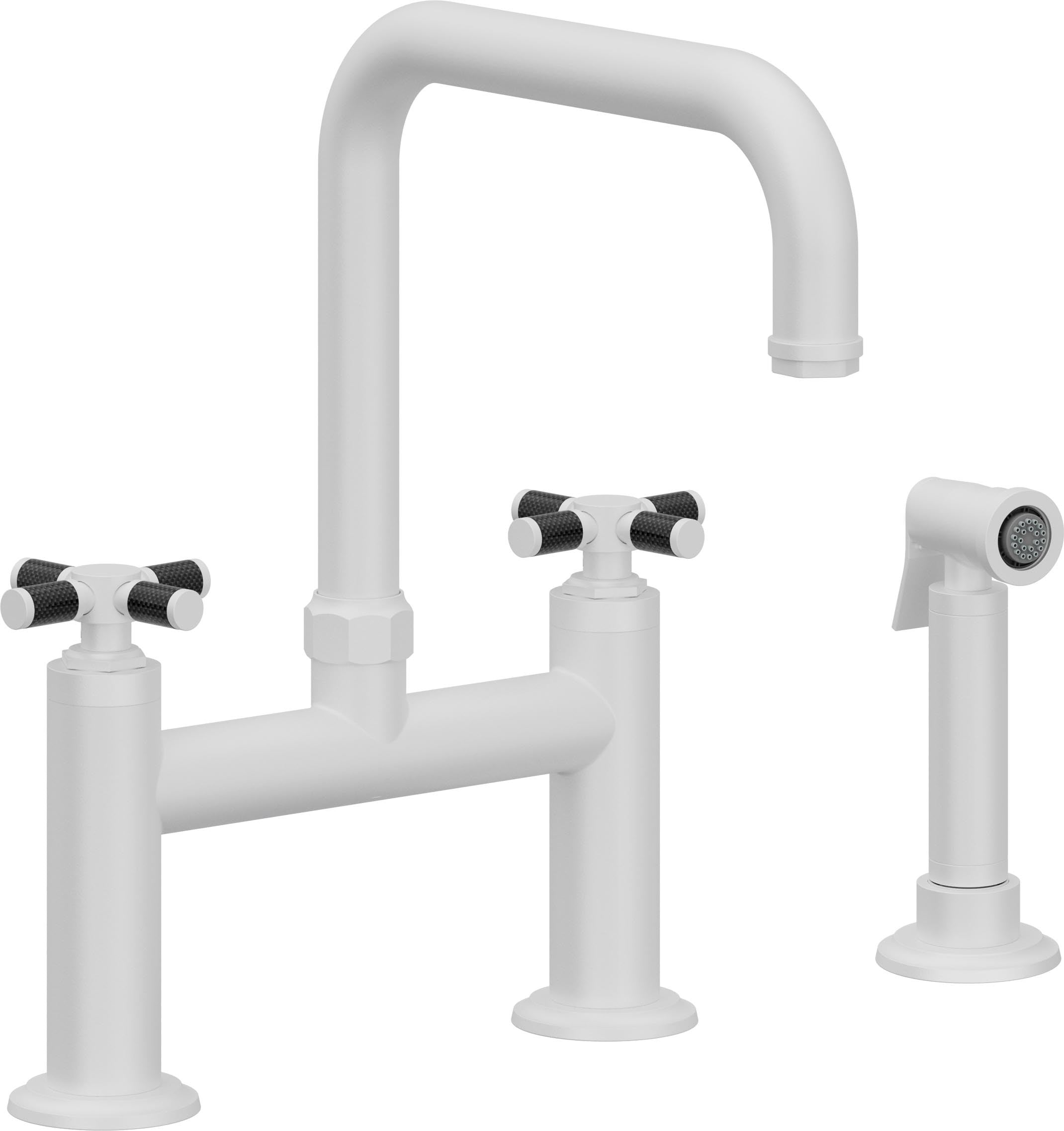 California Faucets Descanso Llave de Cocina Tipo Puente Industrial con Rociador Lateral - Pico Cuadrado - Blanco Mate