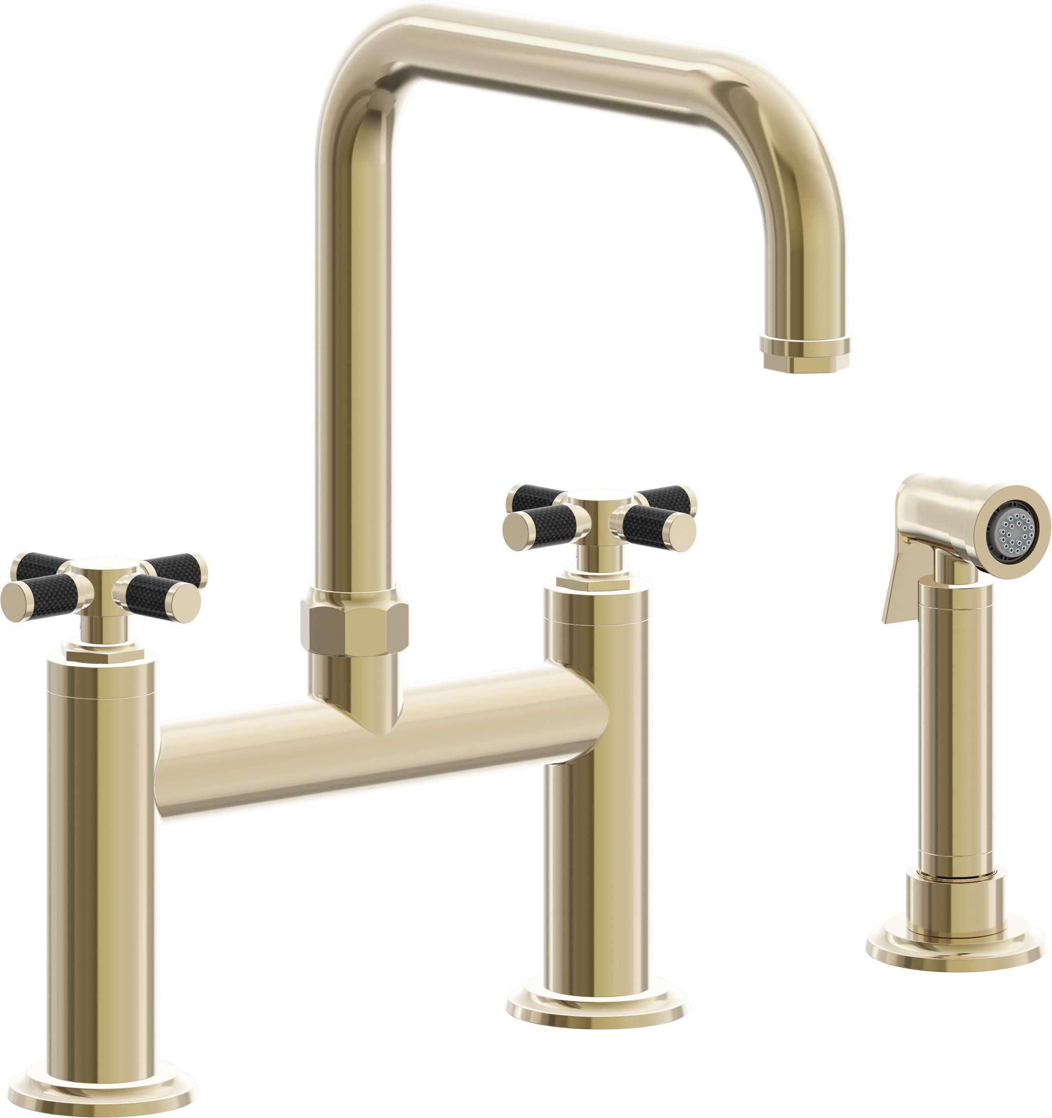 California Faucets Descanso Llave de Cocina Tipo Puente Industrial con Rociador Lateral - Pico Cuadrado - Latón Pulido