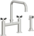 California Faucets Descanso Llave de Cocina Tipo Puente Industrial con Rociador Lateral - Pico Cuadrado - Cromo Pulido
