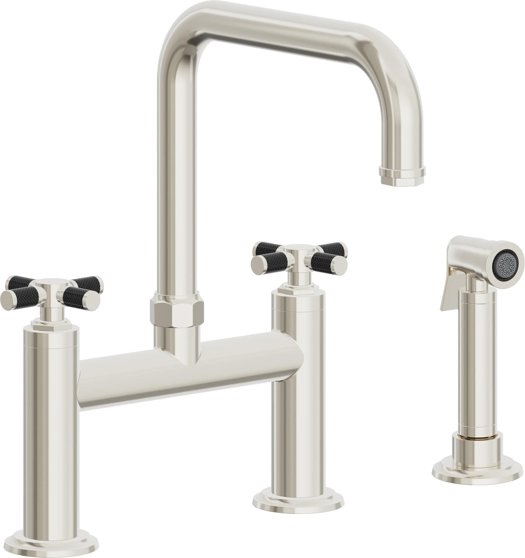 California Faucets Descanso Llave de Cocina Tipo Puente Industrial con Rociador Lateral - Pico Cuadrado - Níquel Pulido