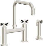 California Faucets Descanso Llave de Cocina Tipo Puente Industrial con Rociador Lateral - Pico Cuadrado - Níquel Pulido