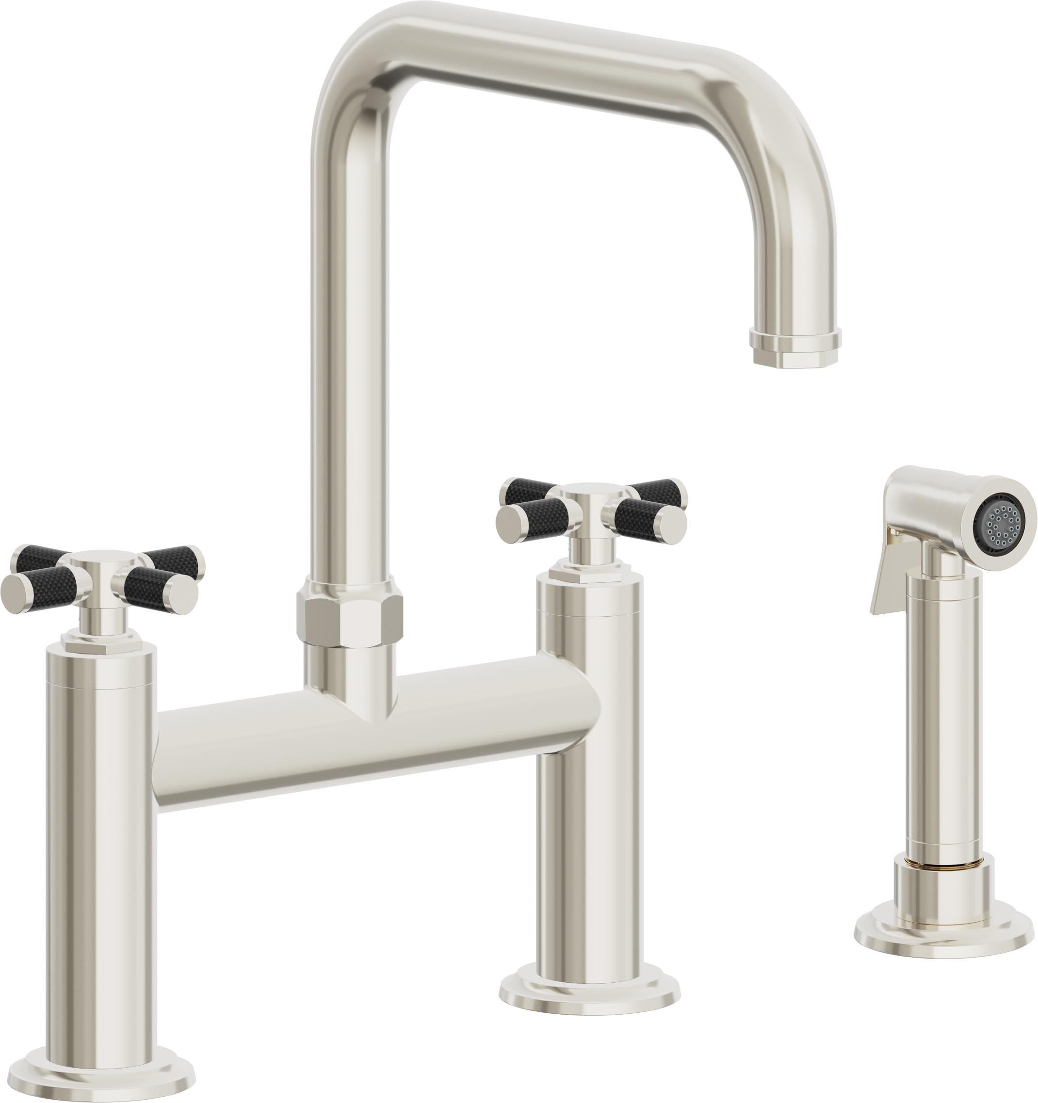 California Faucets Descanso Llave de Cocina Tipo Puente Industrial con Rociador Lateral - Pico Cuadrado - Níquel Pulido
