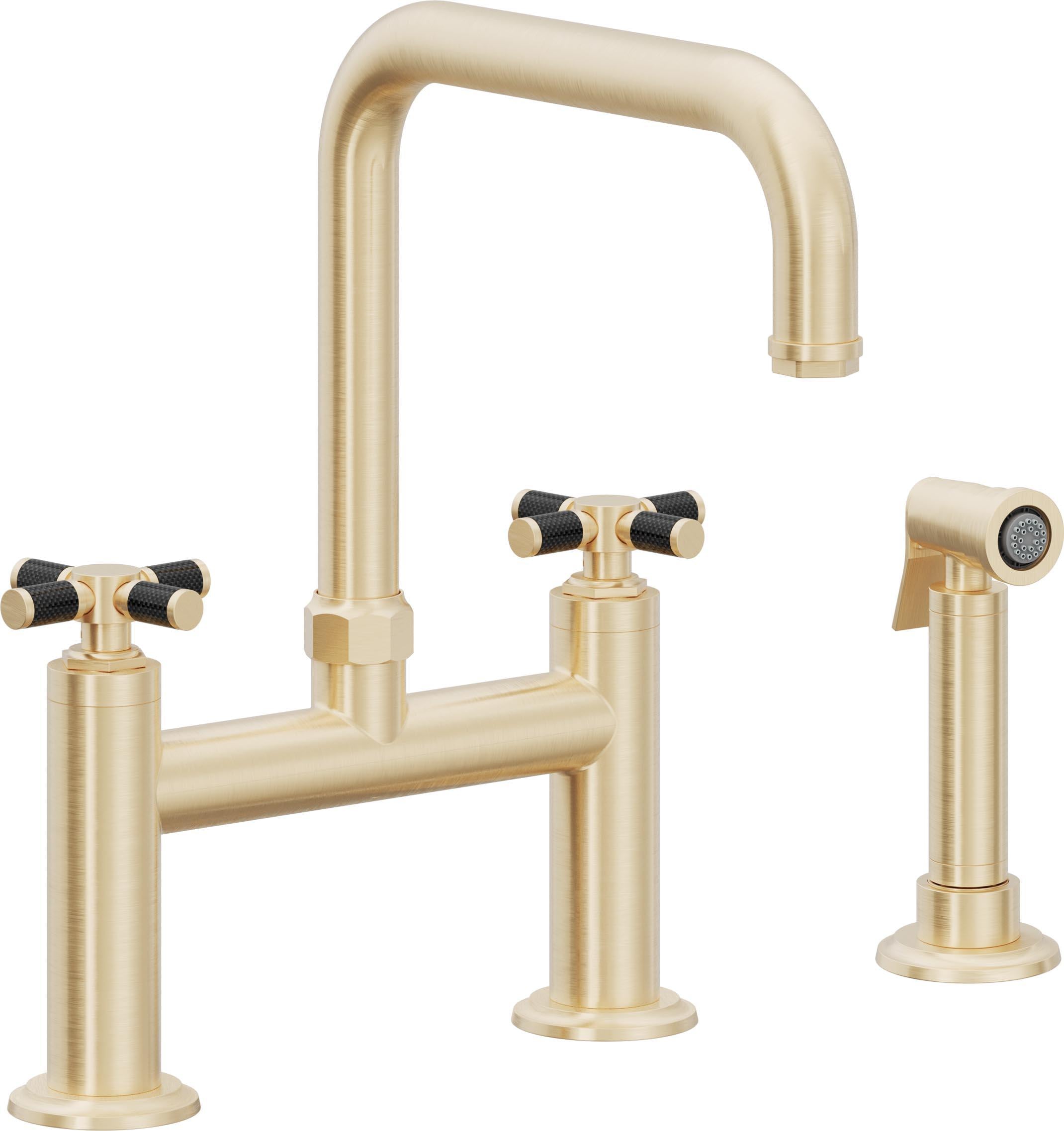 California Faucets Descanso Llave de Cocina Tipo Puente Industrial con Rociador Lateral - Pico Cuadrado - Latón Satinado