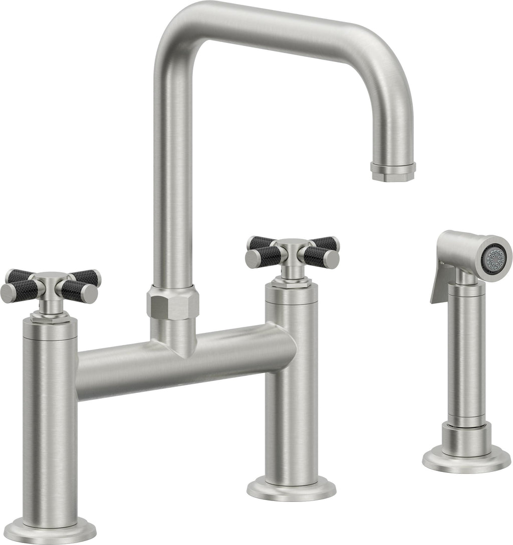 California Faucets Descanso Llave de Cocina Tipo Puente Industrial con Rociador Lateral - Pico Cuadrado - Cromo Satinado