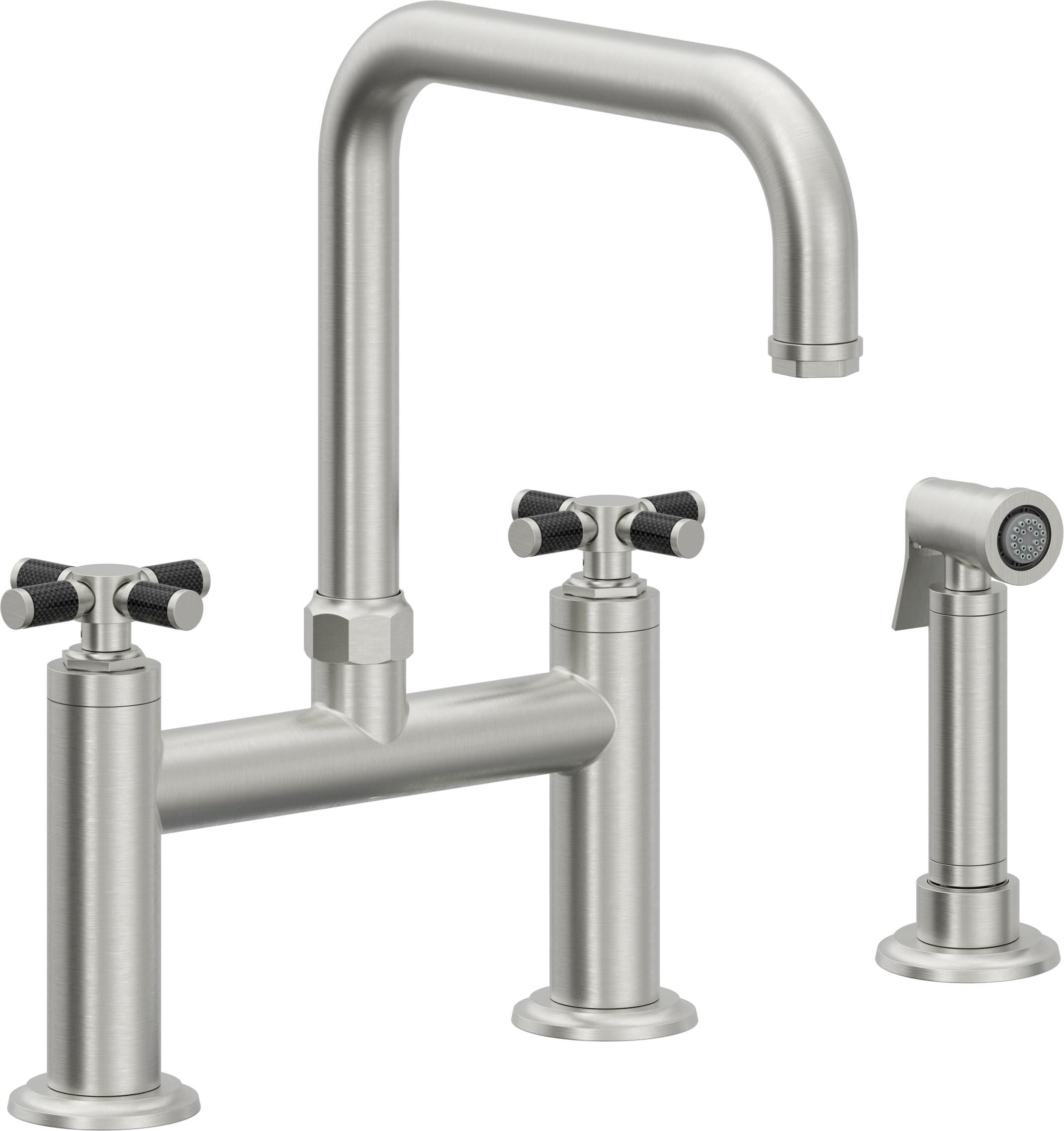 California Faucets Descanso Llave de Cocina Tipo Puente Industrial con Rociador Lateral - Pico Cuadrado - Cromo Satinado