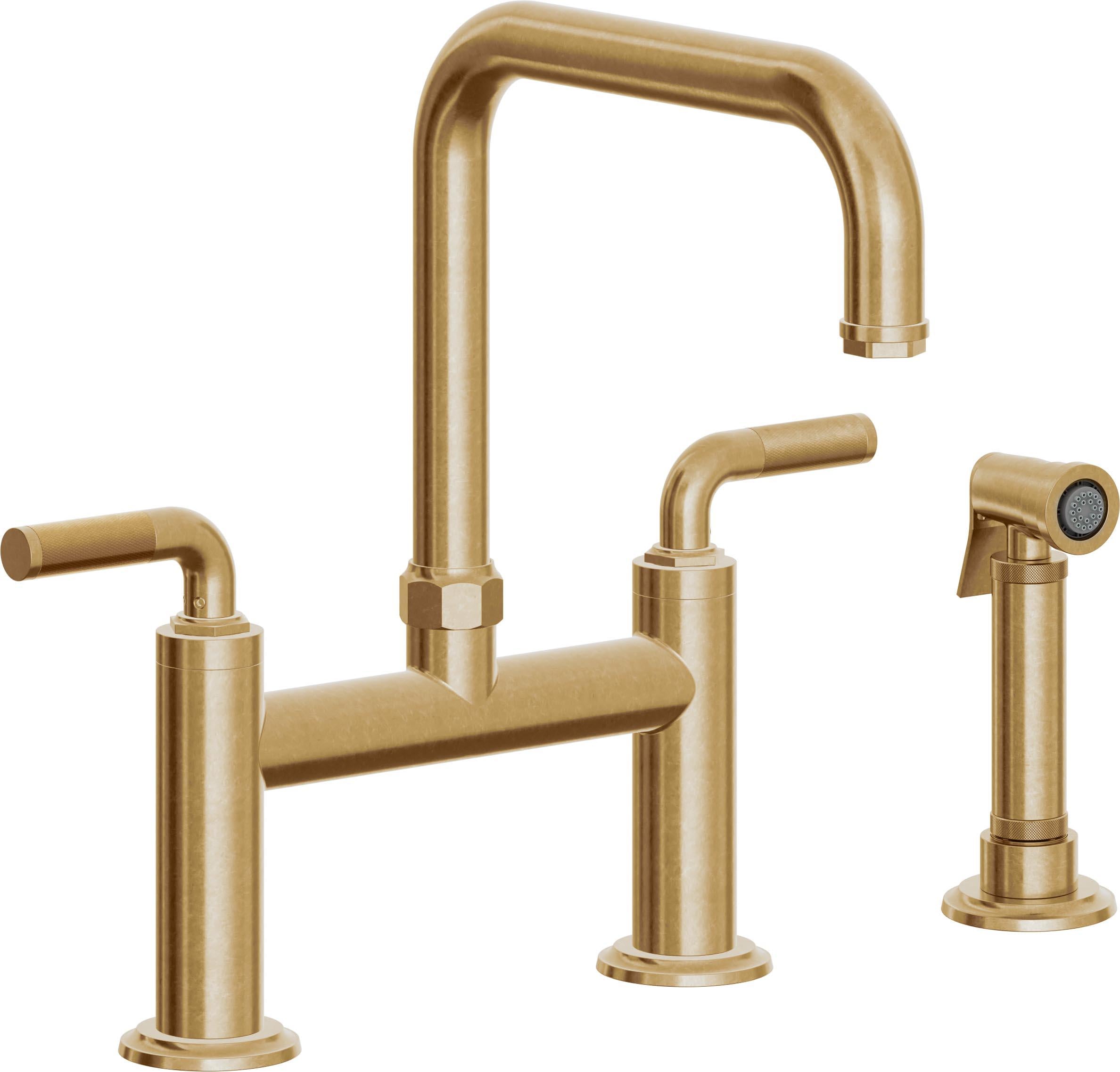 California Faucets Descanso Llave de Cocina Tipo Puente Industrial con Rociador Lateral - Pico Cuadrado - Latón Bruñido