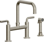 California Faucets Descanso Llave de Cocina Tipo Puente Industrial con Rociador Lateral - Pico Cuadrado - Níquel Bruñido