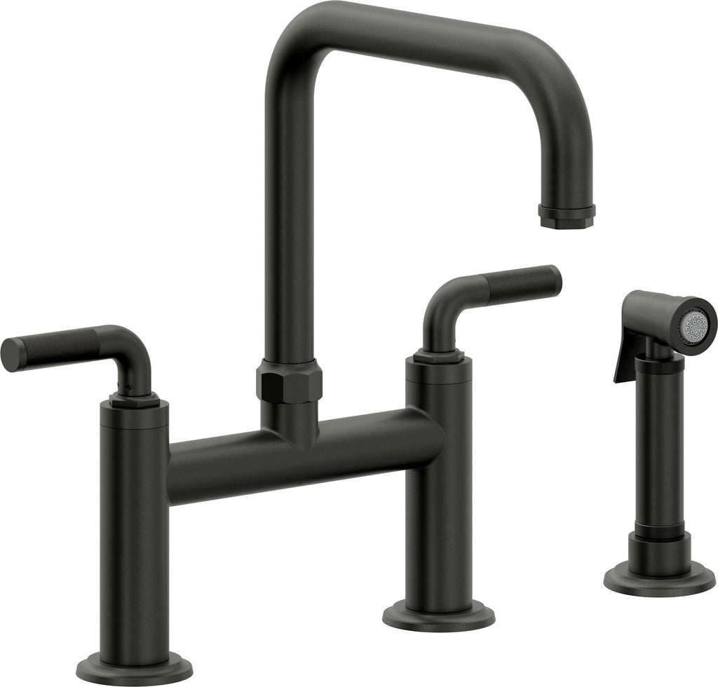 California Faucets Descanso Llave de Cocina Tipo Puente Industrial con Rociador Lateral - Pico Cuadrado - Bronce Bella Terra