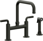 California Faucets Descanso Llave de Cocina Tipo Puente Industrial con Rociador Lateral - Pico Cuadrado - Bronce Bella Terra