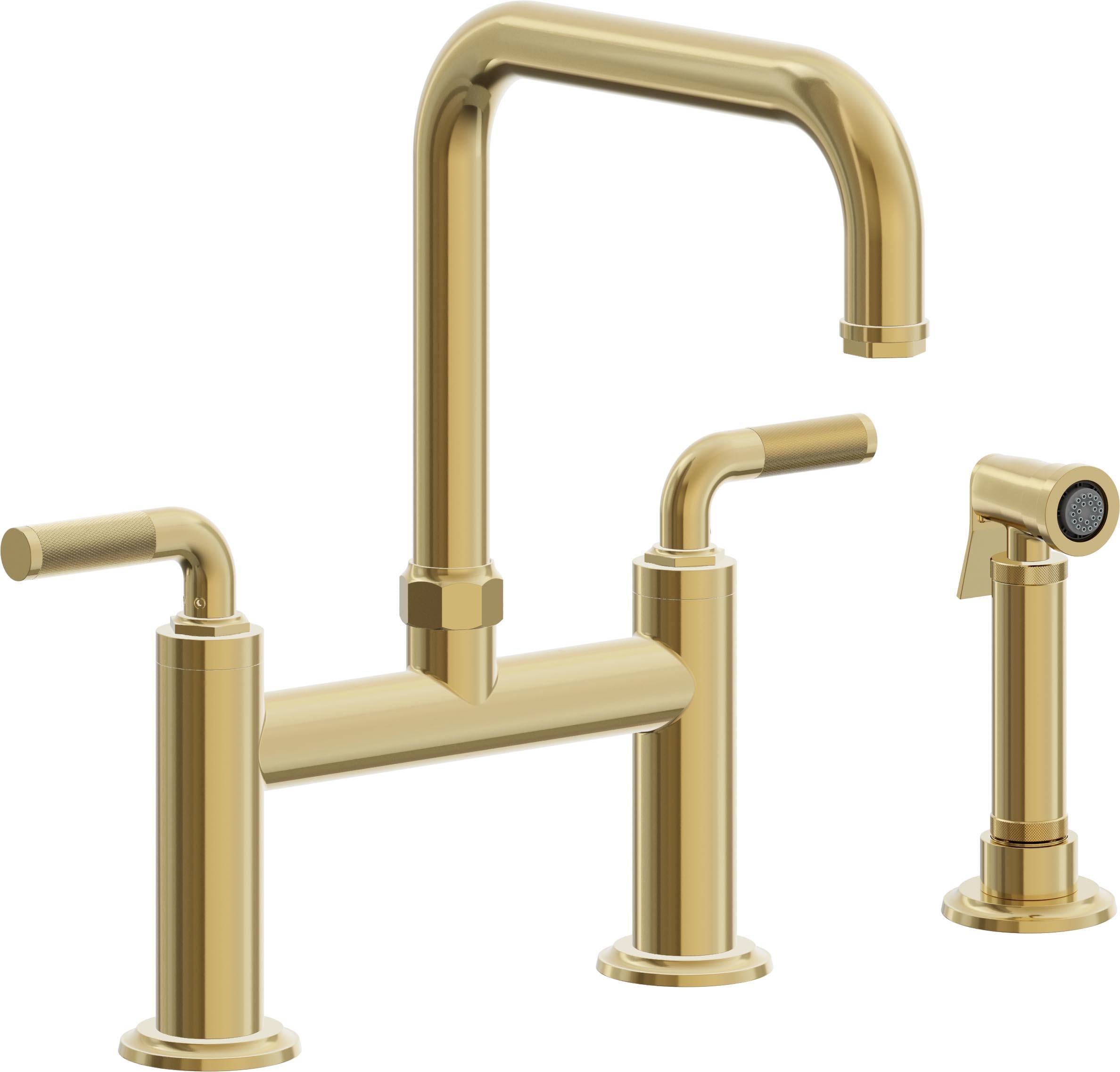 California Faucets Descanso Llave de Cocina Tipo Puente Industrial con Rociador Lateral - Pico Cuadrado - Oro Pulido de por Vida