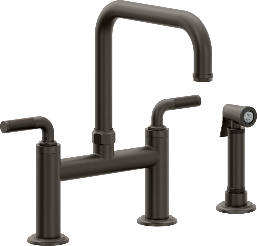 California Faucets Descanso Llave de Cocina Tipo Puente Industrial con Rociador Lateral - Pico Cuadrado - Bronce Oscuro