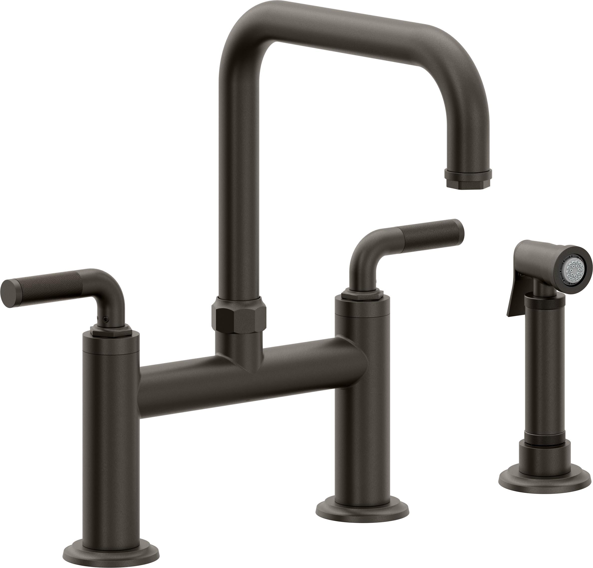 California Faucets Descanso Llave de Cocina Tipo Puente Industrial con Rociador Lateral - Pico Cuadrado - Bronce Oscuro