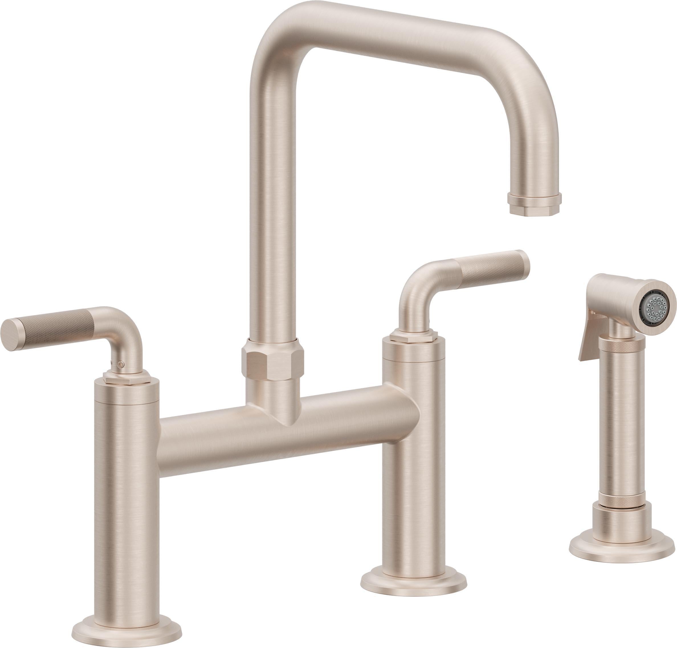 California Faucets Descanso Llave de Cocina Tipo Puente Industrial con Rociador Lateral - Pico Cuadrado - Níquel Satinado