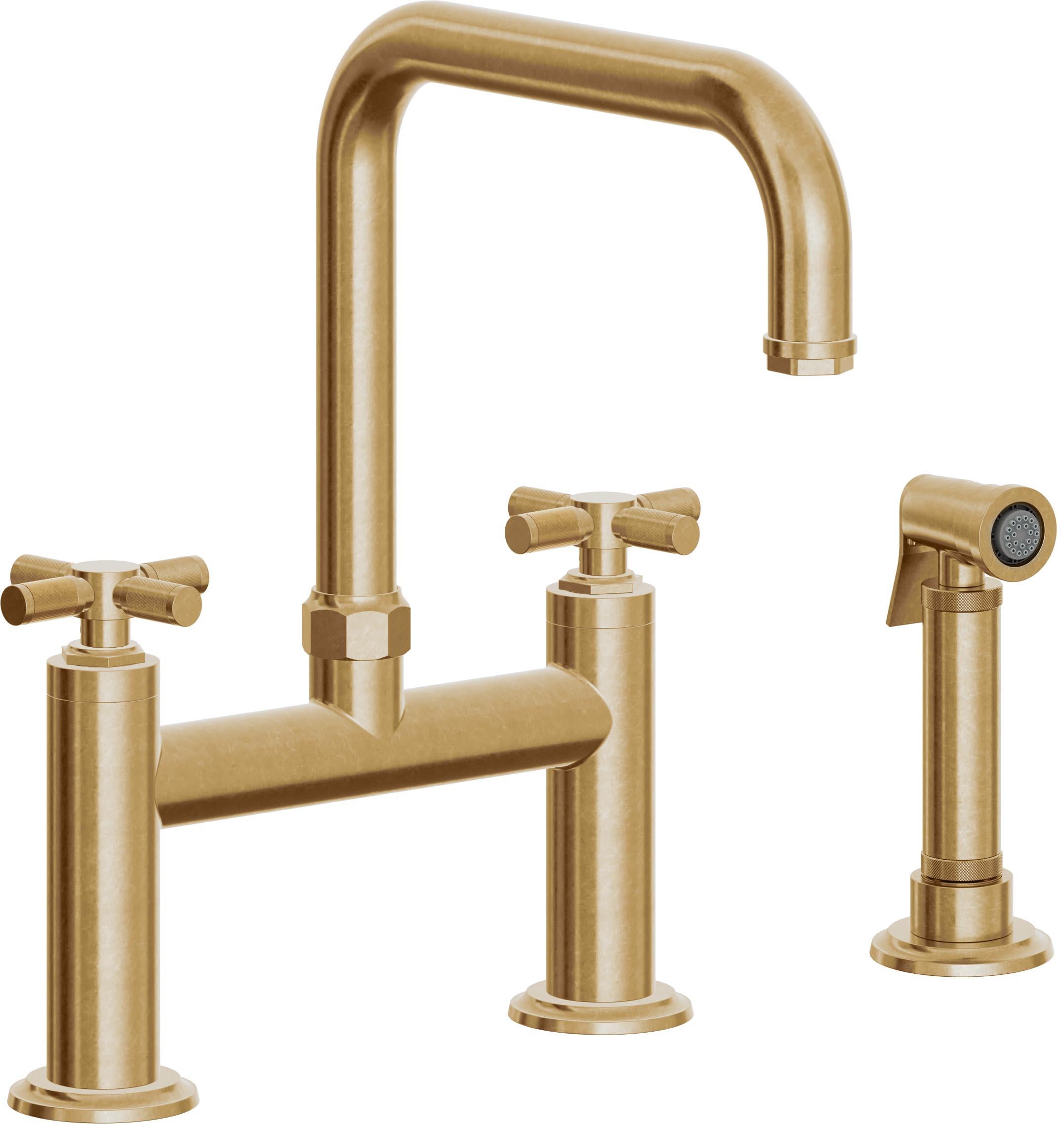 California Faucets Descanso Llave de Cocina Tipo Puente Industrial con Rociador Lateral - Pico Cuadrado - Latón Bruñido