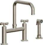 California Faucets Descanso Llave de Cocina Tipo Puente Industrial con Rociador Lateral - Pico Cuadrado - Níquel Bruñido