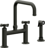 California Faucets Descanso Llave de Cocina Tipo Puente Industrial con Rociador Lateral - Pico Cuadrado - Bronce Bella Terra