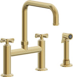California Faucets Descanso Llave de Cocina Tipo Puente Industrial con Rociador Lateral - Pico Cuadrado - Oro Pulido de por Vida