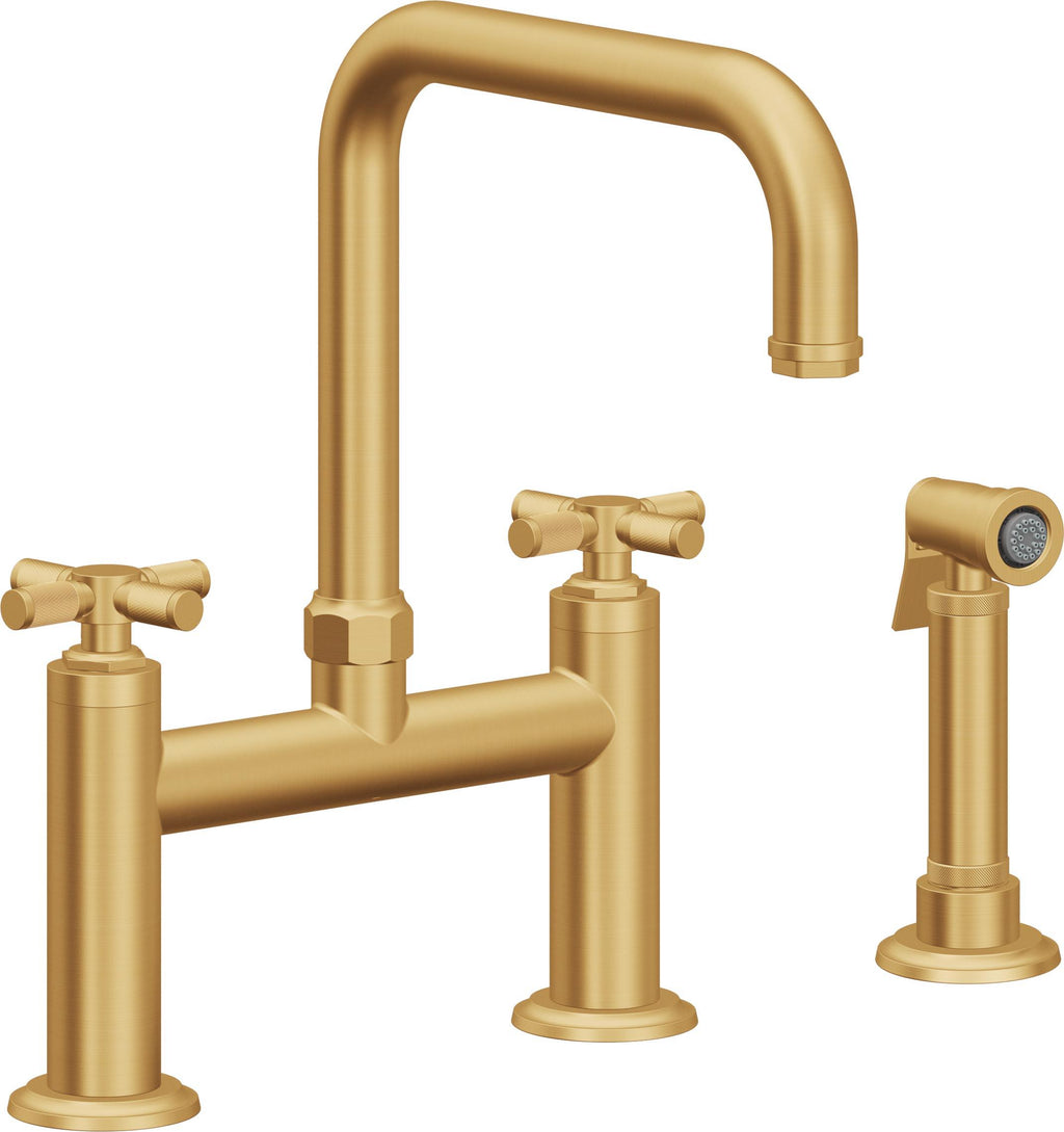 California Faucets Descanso Llave de Cocina Tipo Puente Industrial con Rociador Lateral - Pico Cuadrado - Oro Satinado de por Vida