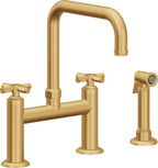California Faucets Descanso Llave de Cocina Tipo Puente Industrial con Rociador Lateral - Pico Cuadrado - Oro Satinado de por Vida