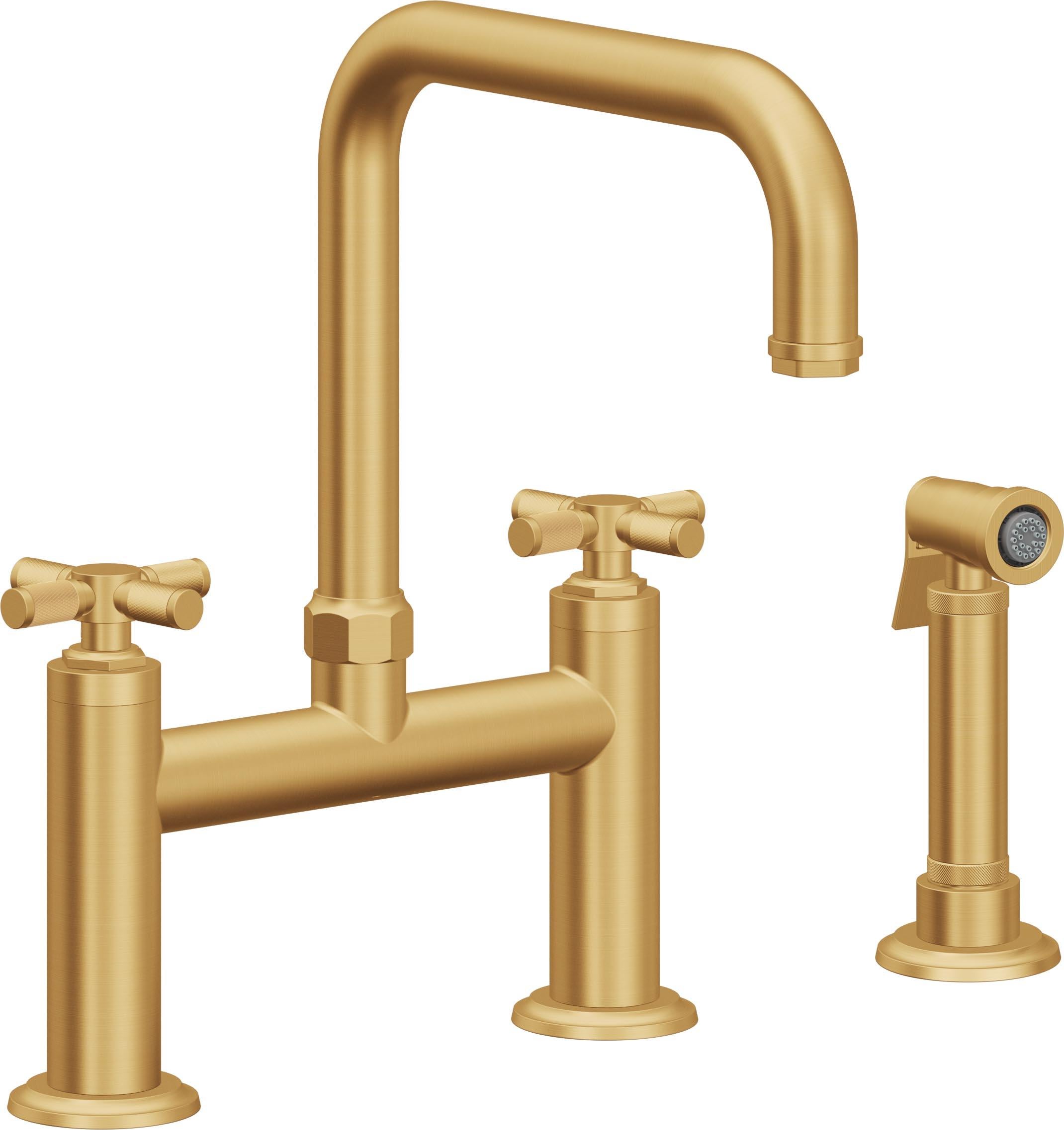 California Faucets Descanso Llave de Cocina Tipo Puente Industrial con Rociador Lateral - Pico Cuadrado - Oro Satinado de por Vida