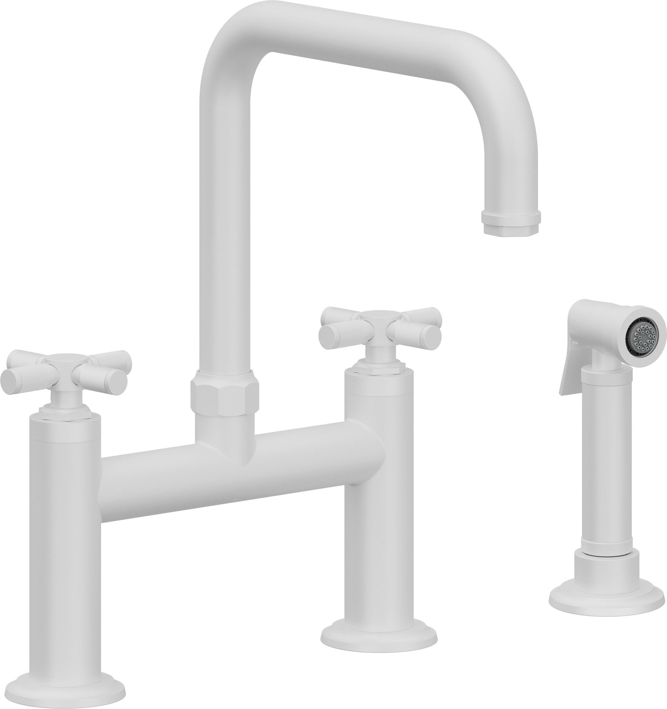 California Faucets Descanso Llave de Cocina Tipo Puente Industrial con Rociador Lateral - Pico Cuadrado - Blanco Mate