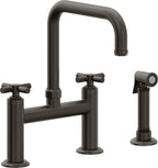 California Faucets Descanso Llave de Cocina Tipo Puente Industrial con Rociador Lateral - Pico Cuadrado - Bronce Oscuro