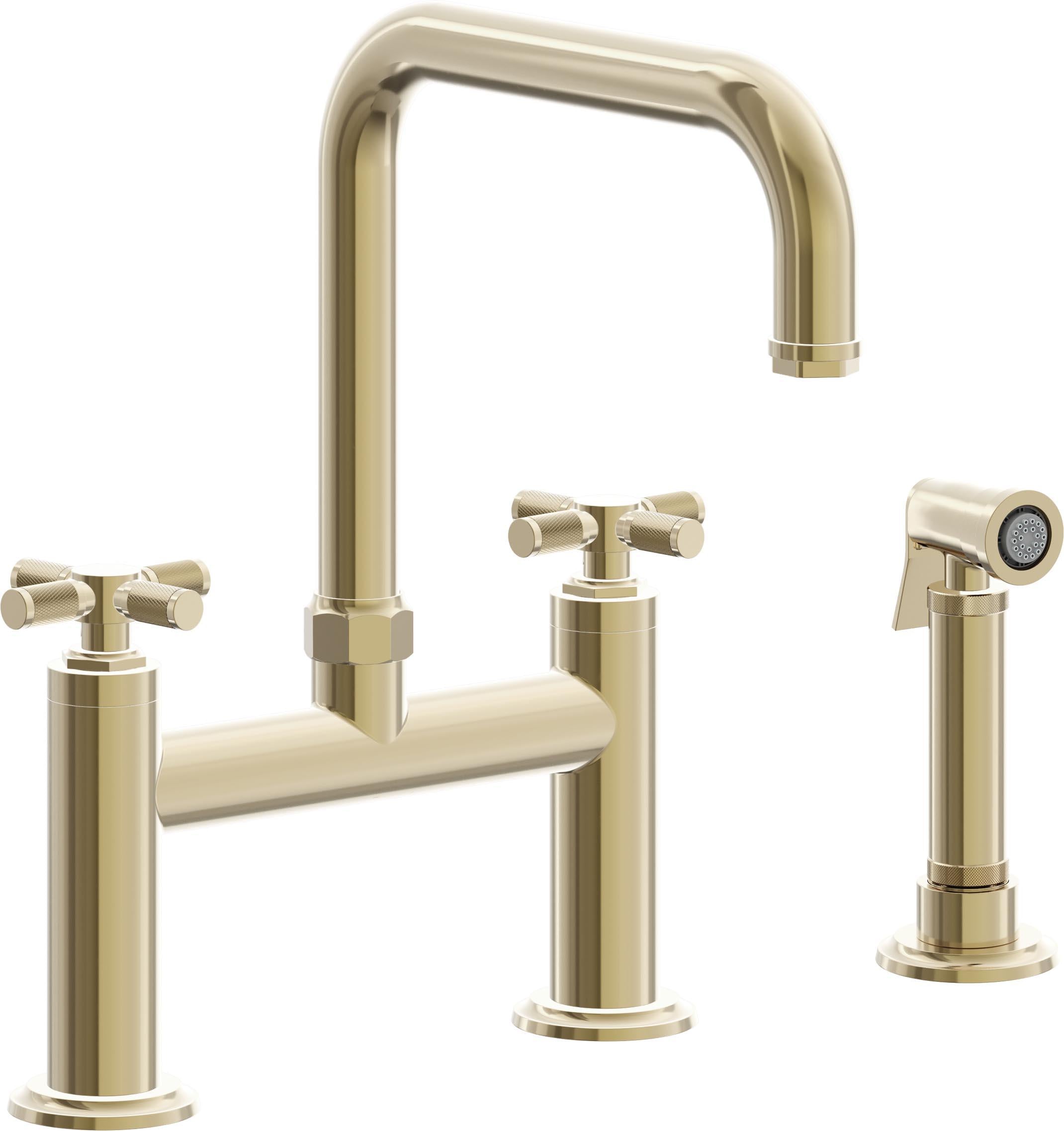 California Faucets Descanso Llave de Cocina Tipo Puente Industrial con Rociador Lateral - Pico Cuadrado - Latón Pulido
