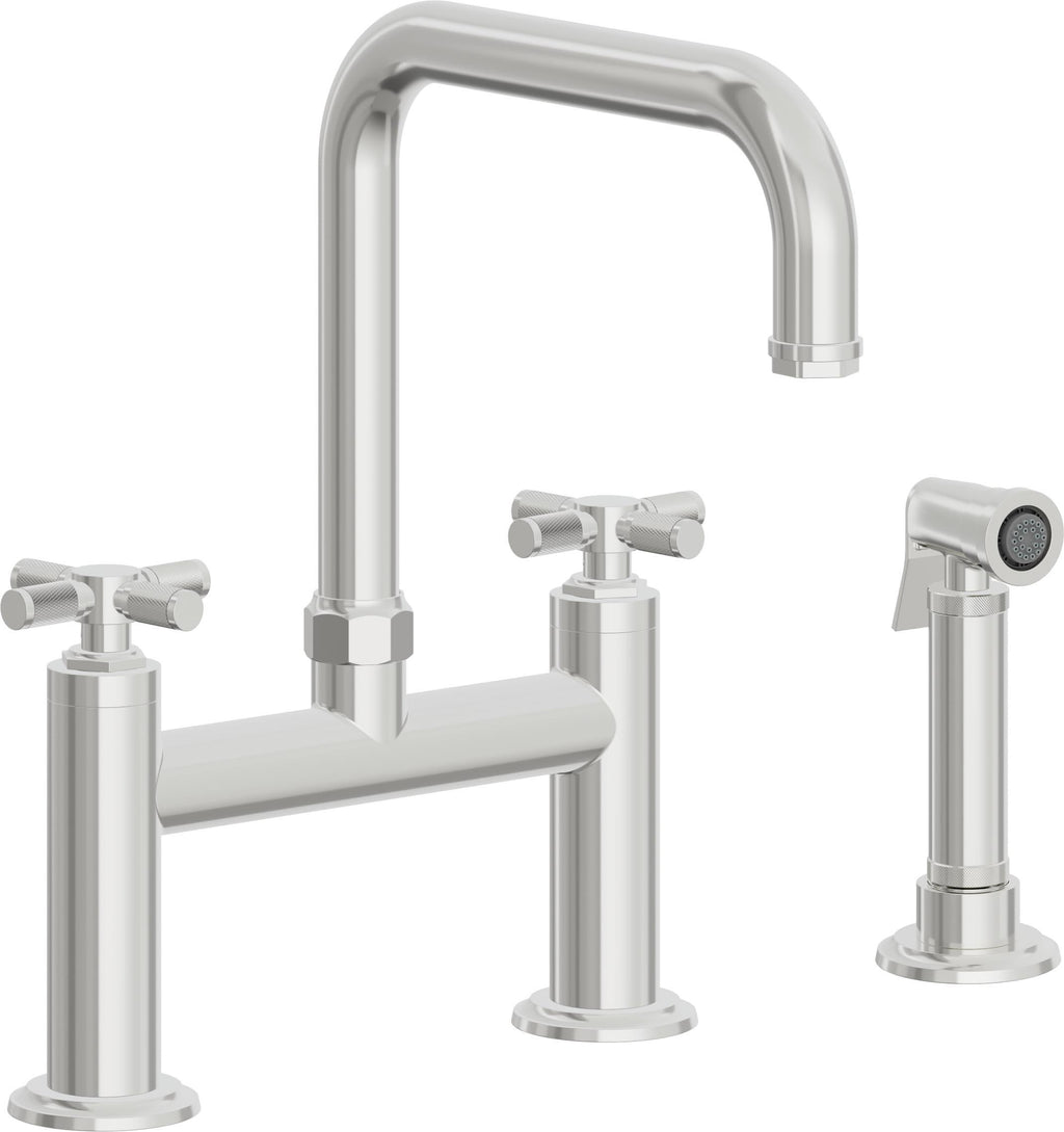 California Faucets Descanso Llave de Cocina Tipo Puente Industrial con Rociador Lateral - Pico Cuadrado - Cromo Pulido