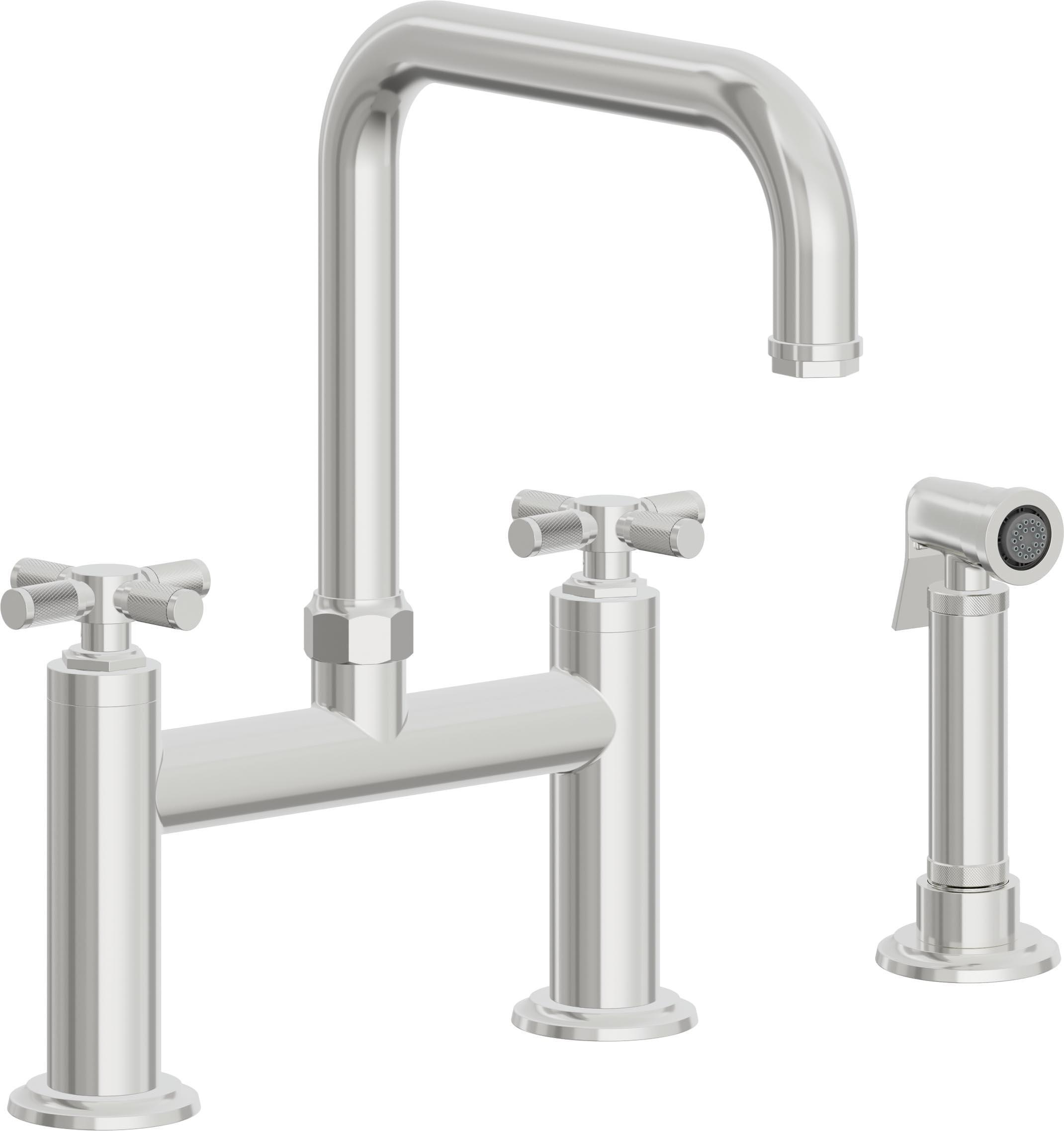California Faucets Descanso Llave de Cocina Tipo Puente Industrial con Rociador Lateral - Pico Cuadrado - Cromo Pulido