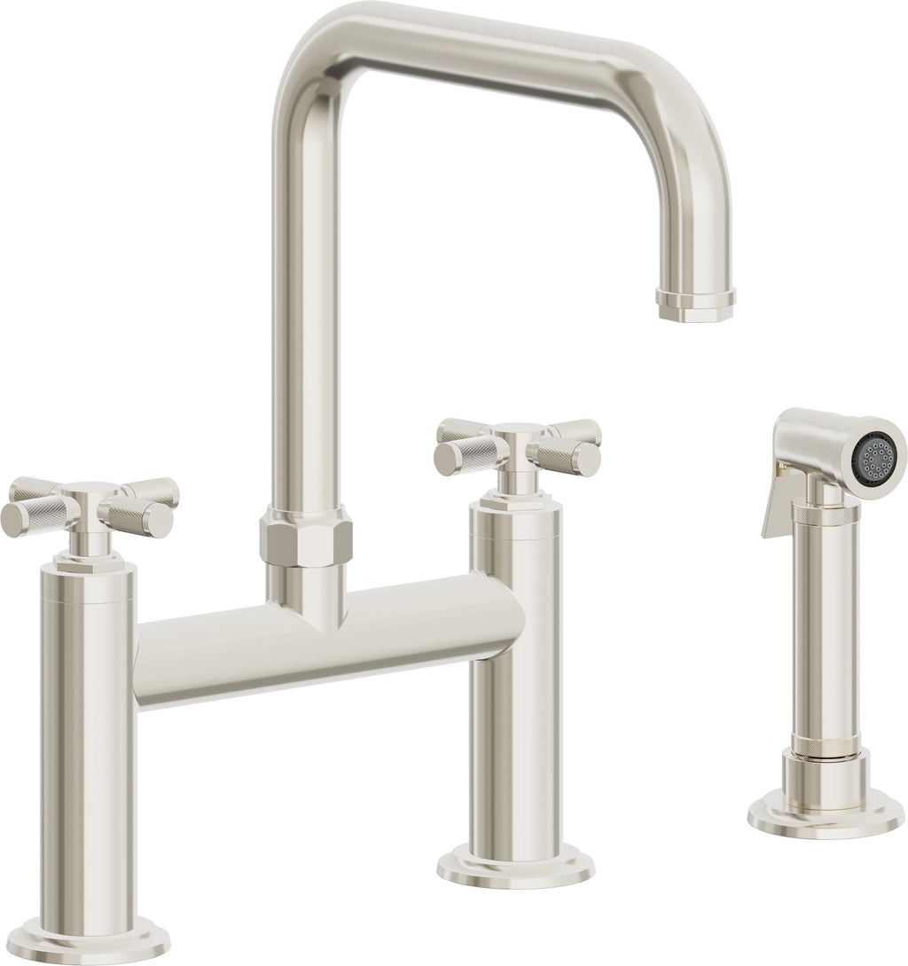 California Faucets Descanso Llave de Cocina Tipo Puente Industrial con Rociador Lateral - Pico Cuadrado - Níquel Pulido