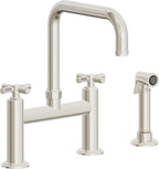 California Faucets Descanso Llave de Cocina Tipo Puente Industrial con Rociador Lateral - Pico Cuadrado - Níquel Pulido